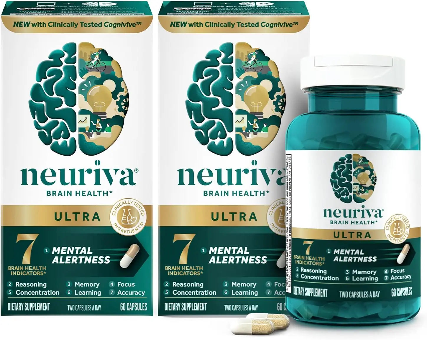 NEURIVA Ultra Decaffeinated Clinically Tested Nootropic Brain Supplement for Mental Alertness, Memory, Focus & Concentration, Cognivive, Neurofactor, Phosphatidylserine, 60ct Capsules (Pack of 2) VINE GLOBAL