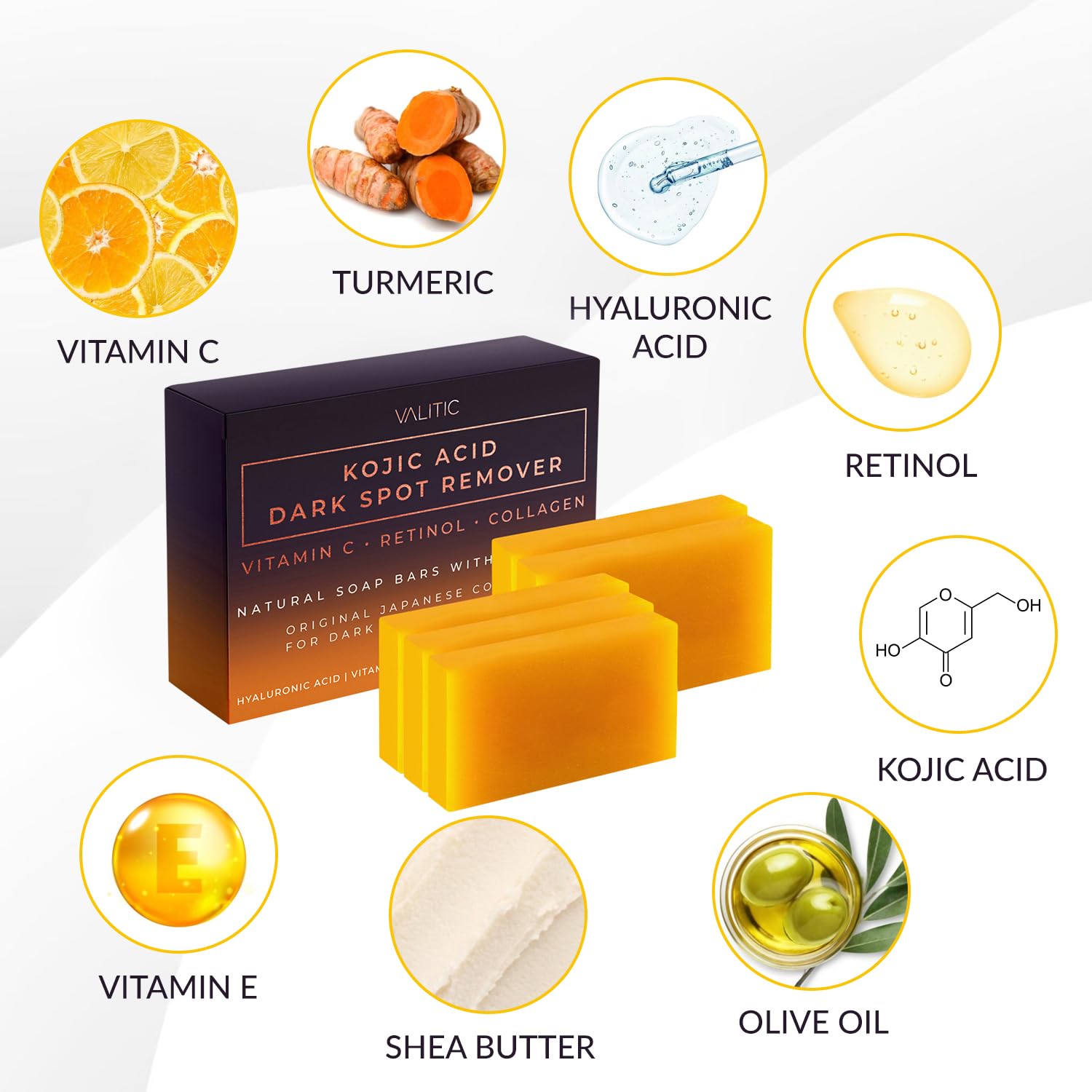 VALITIC Kojic Acid Dark Spot Remover Soap Bars with Vitamin C, Retinol, Collagen, Turmeric - Original Japanese Complex Infused with Hyaluronic Acid, Vitamin E, Shea Butter, Castile Olive Oil (2 Pack) - VINE GLOBAL