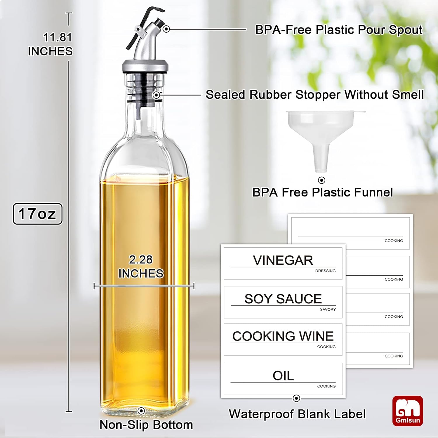 Oil Dispenser for Kitchen, 4Pack Oil Bottles for Kitchen, 17oz Cooking Oil Dispenser Bottle, Glass Oil Container with Plastic Pourer, Oil Cruet with Plastic Funnel and Labels for Vegetable - VINE GLOBAL