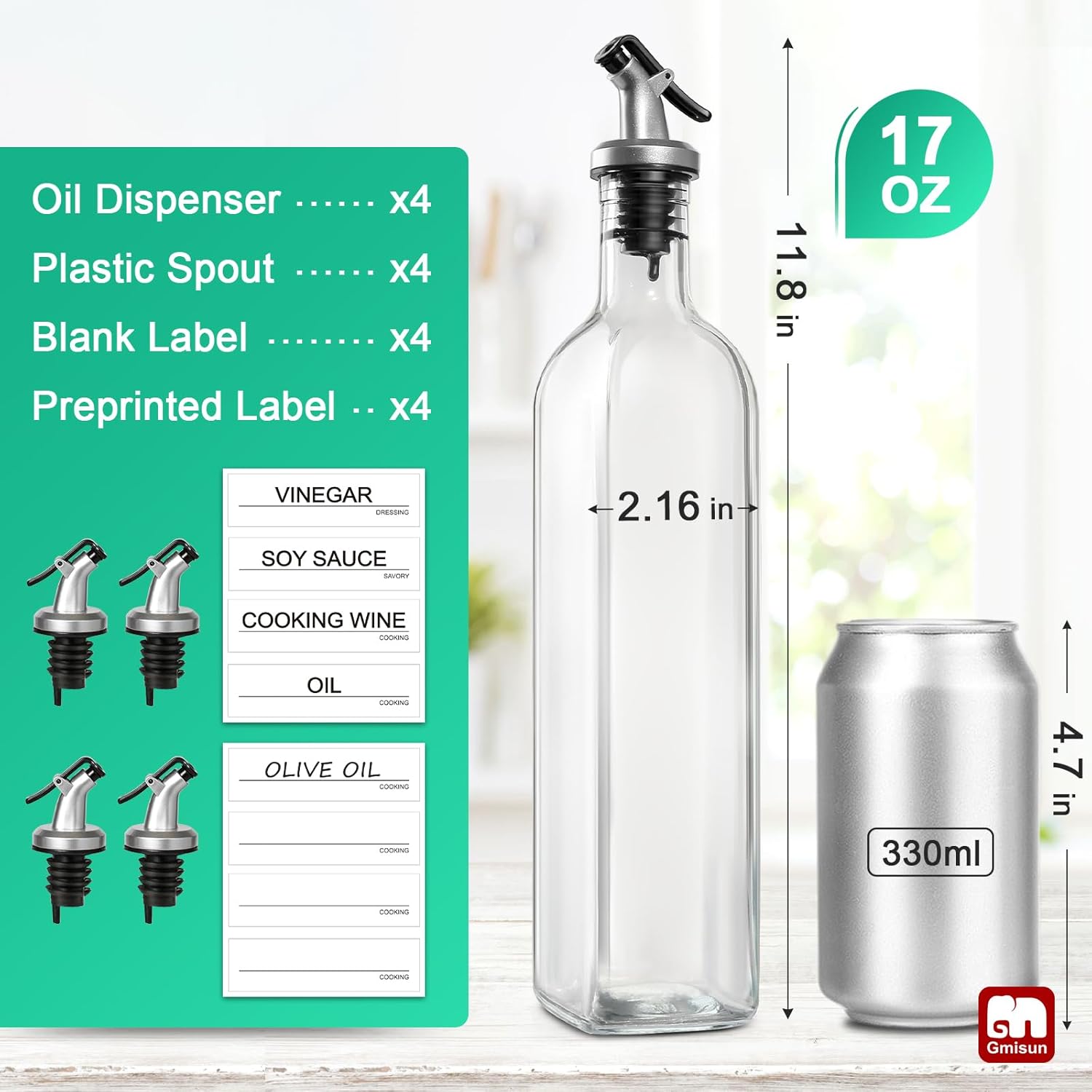 Oil Dispenser for Kitchen, 4Pack Oil Bottles for Kitchen, 17oz Cooking Oil Dispenser Bottle, Glass Oil Container with Plastic Pourer, Oil Cruet with Plastic Funnel and Labels for Vegetable - VINE GLOBAL