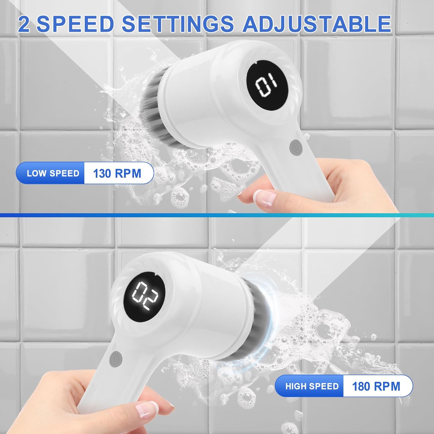 Electric Spin Scrubber, Power Scrubber Cordless Electric Shower Scrubber for Cleaning with LED Display, for Bathroom, Tub, Kitchen Stove, Tile Grout with 6 Brush Heads - VINE GLOBAL