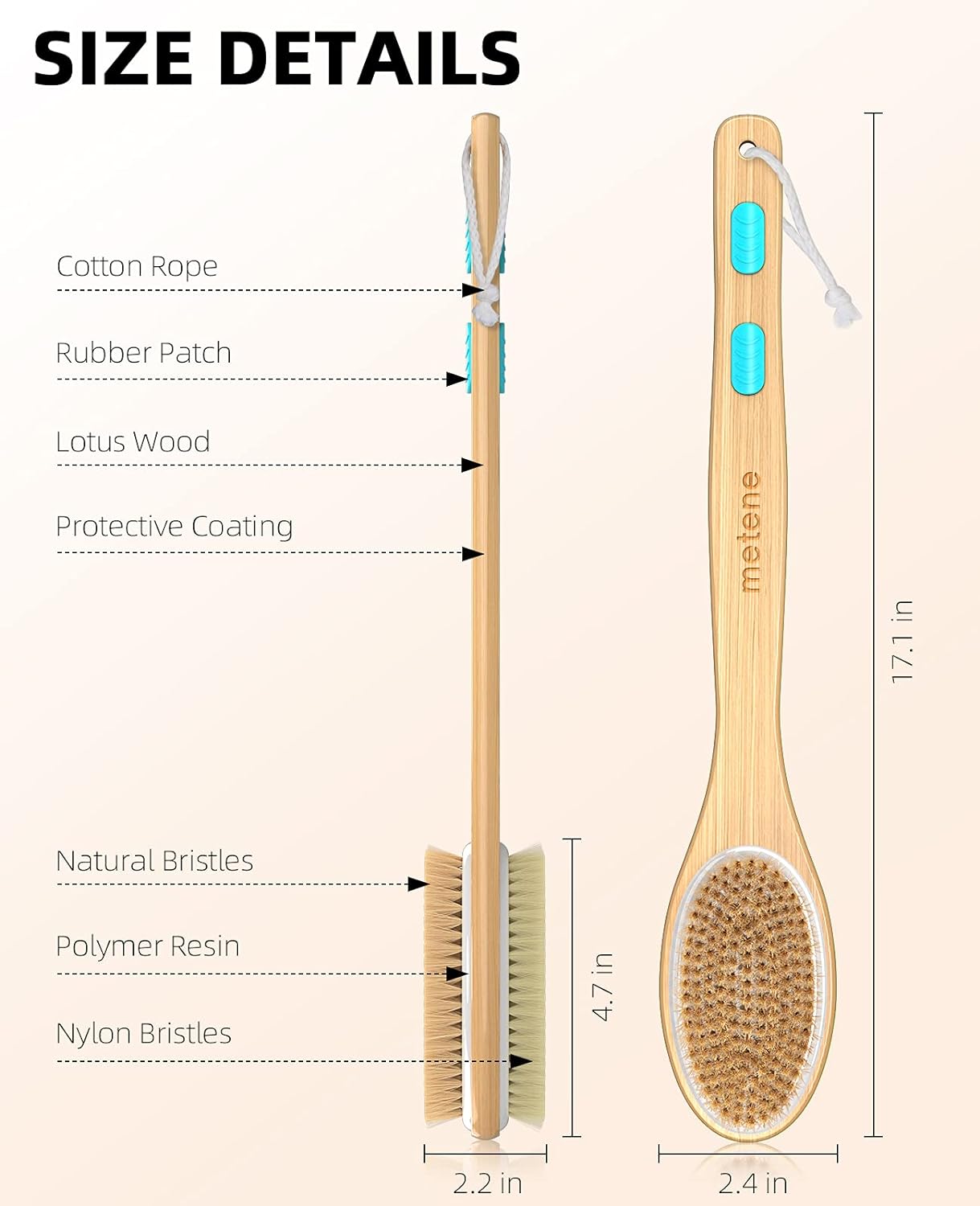 Shower Brush with Soft and Stiff Bristles, Bath Dual-Sided Long Handle Back Scrubber Body Exfoliator for Wet or Dry Brushing - VINE GLOBAL