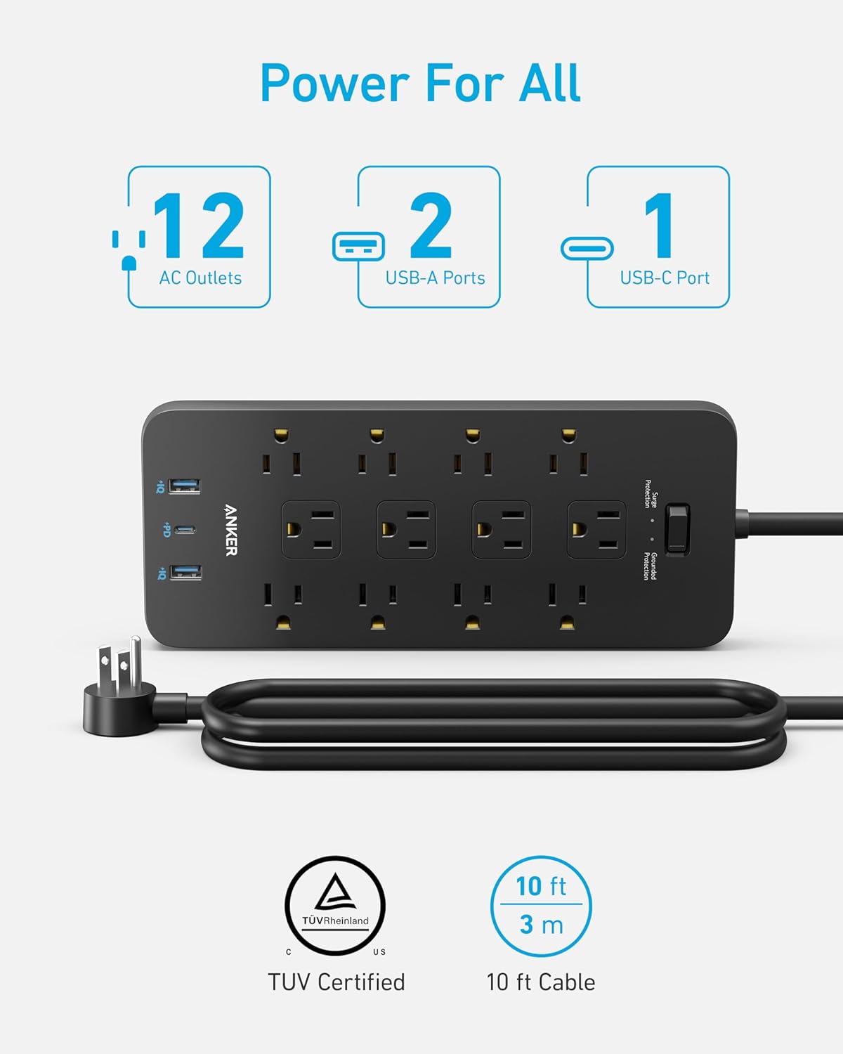 Surge Protector Power Strip (2100J), Anker 12 Outlets with 1 USB C and 2 USB Ports for iPhone - VINE GLOBAL