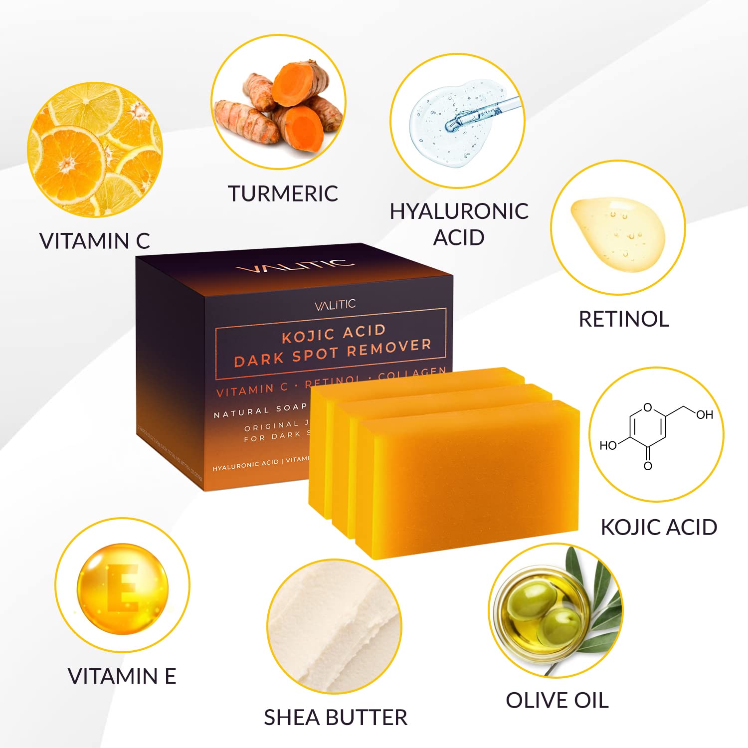 VALITIC Kojic Acid Dark Spot Remover Soap Bars with Vitamin C, Retinol, Collagen, Turmeric - Original Japanese Complex Infused with Hyaluronic Acid, Vitamin E, Shea Butter, Castile Olive Oil (2 Pack) - VINE GLOBAL