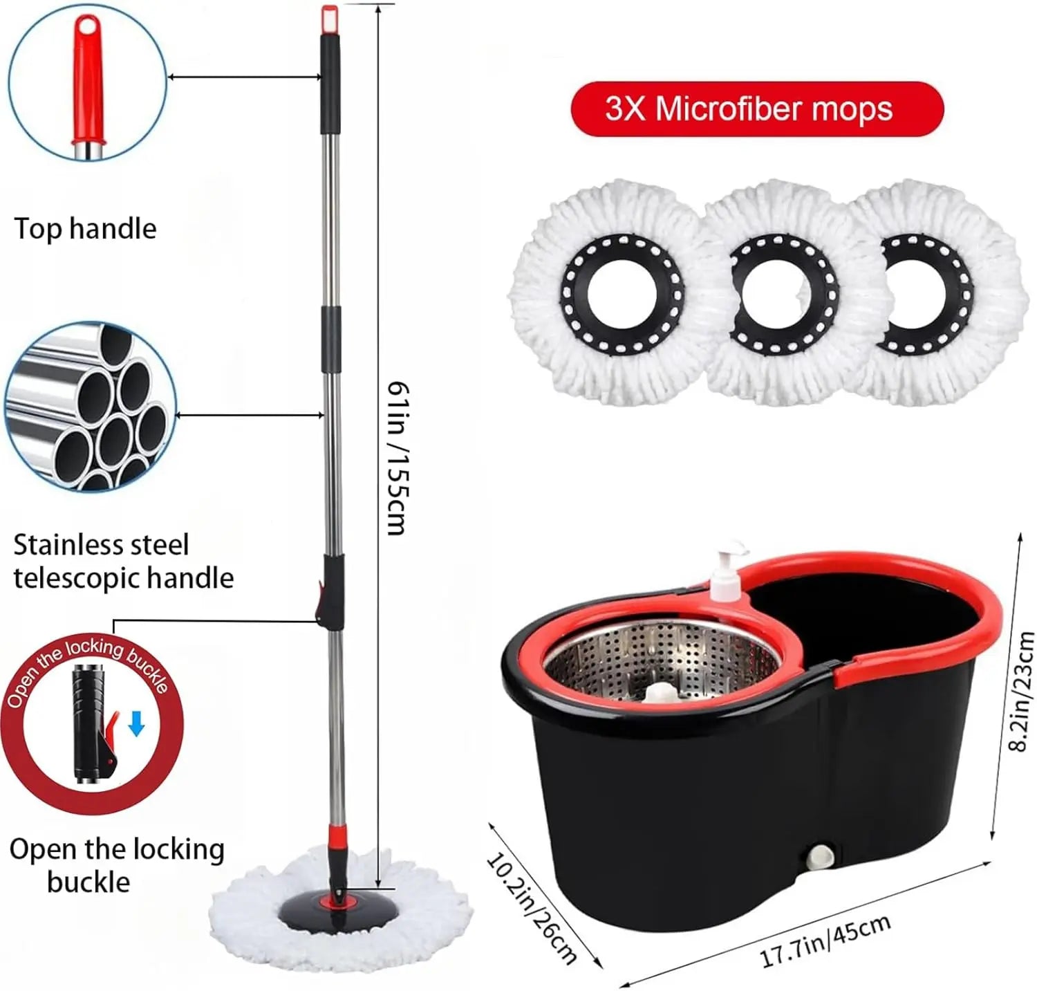 Spin Mop and Bucket with Wringer Set, 360° Spinning Mop Bucket System with 3 Microfiber Mop Replacement Heads, 61" Stainless Steel Extended Handle for Floor Cleaning Home Office VINE GLOBAL