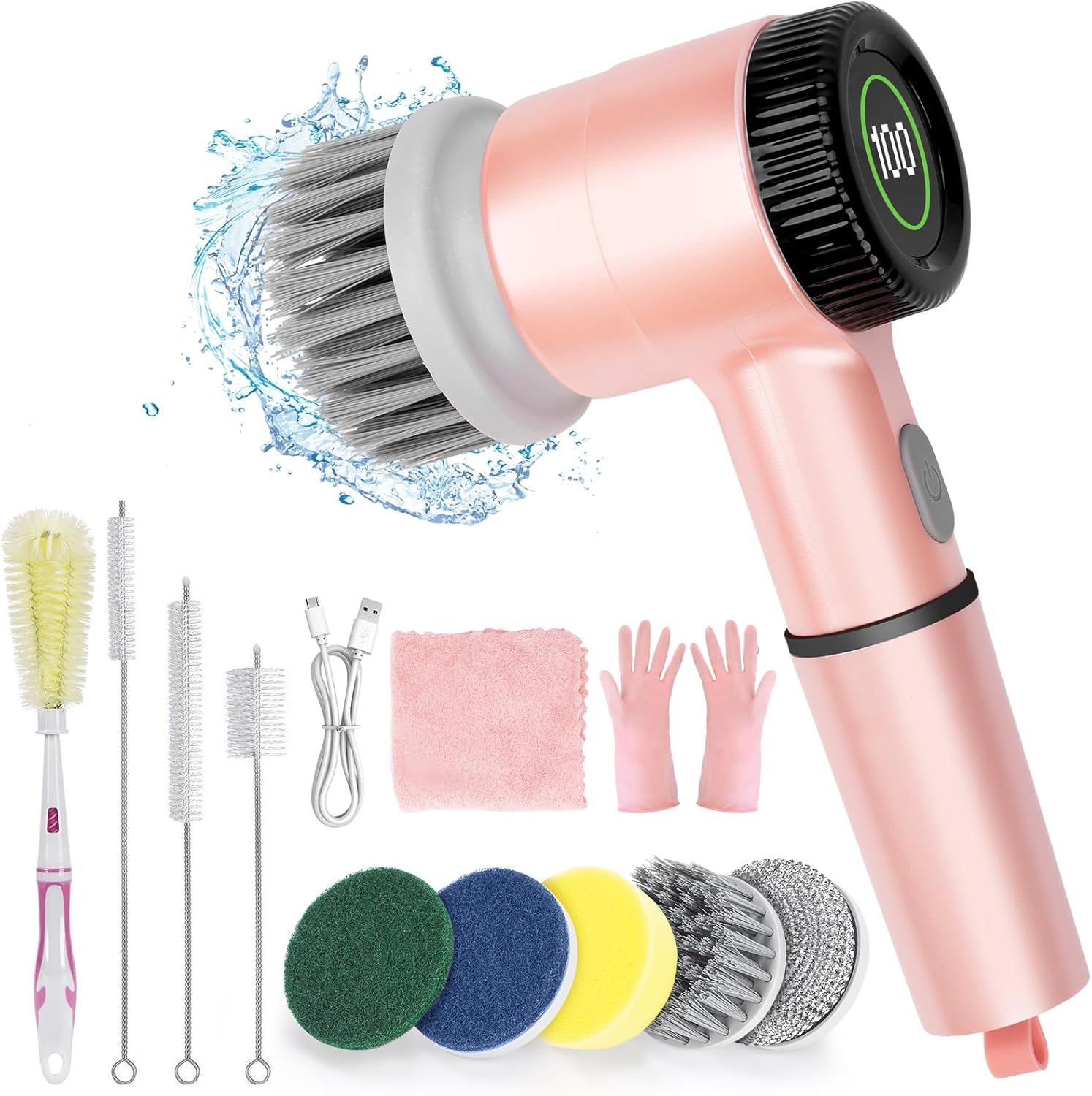 Pink Electric Spin Scrubber, Cordless Handheld Spin Kitchen Scrubber with Replaceable Cleaning Brush Heads, 15 Piece Electric Scrubber for Cleaning with LED Display - VINE GLOBAL