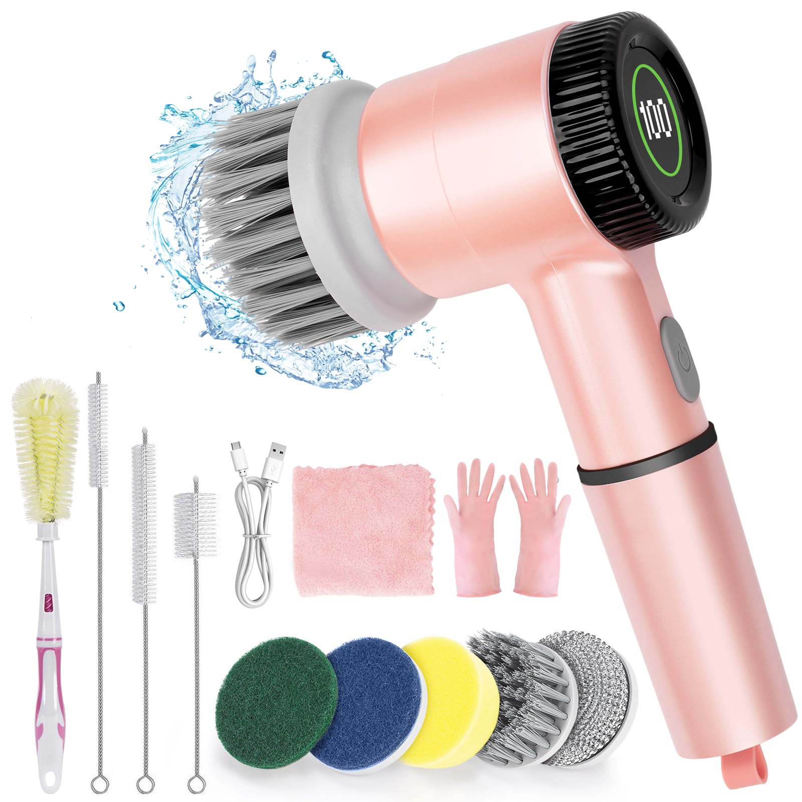 Pink Electric Spin Scrubber, Cordless Handheld Spin Kitchen Scrubber with Replaceable Cleaning Brush Heads, 15 Piece Electric Scrubber for Cleaning with LED Display - VINE GLOBAL