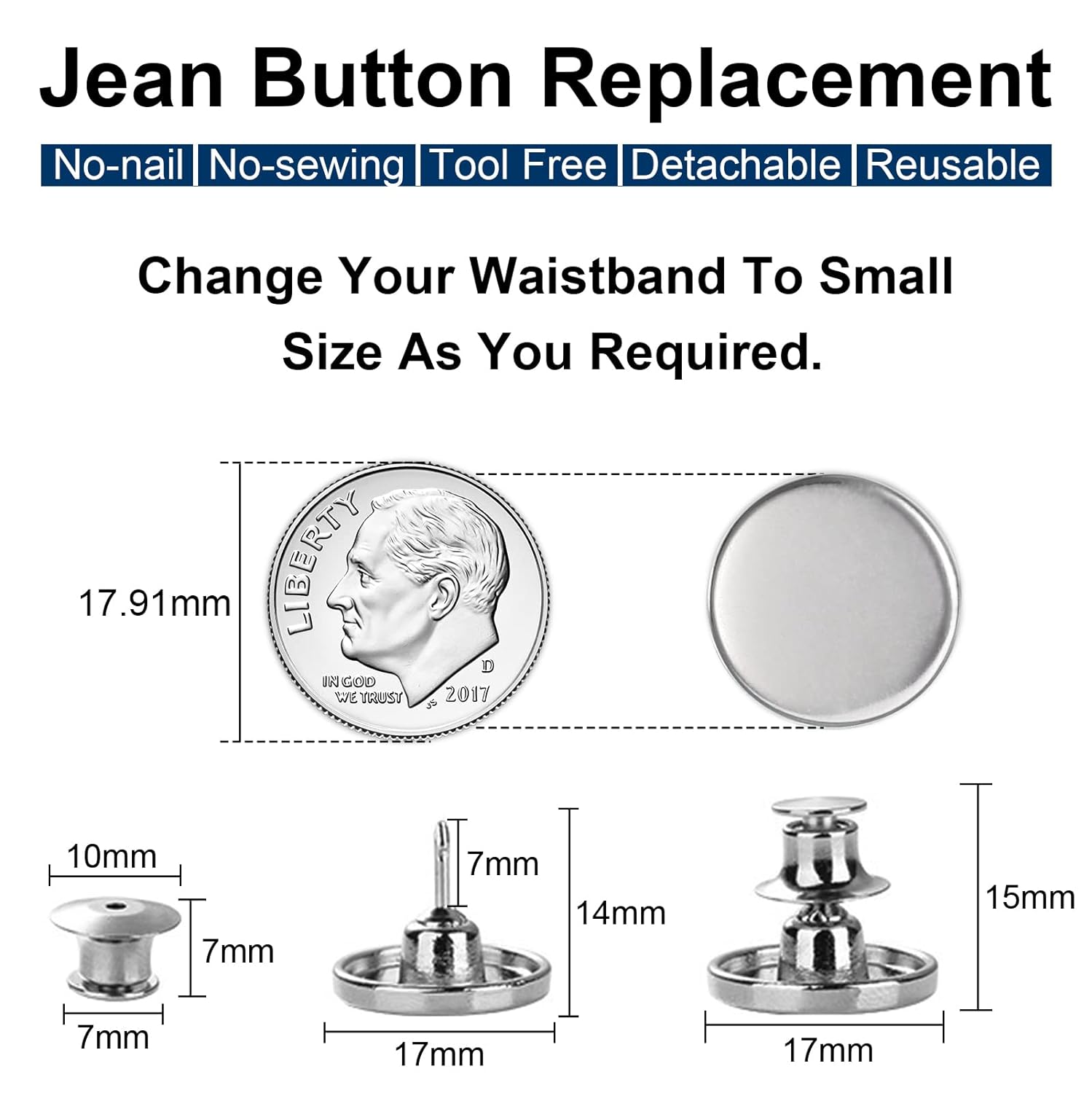 Pant Waist Tightener, Detachable Jean Buttons for Loose Jeans, Adjustable Jean Buttons Pins, 4 Sets - VINE GLOBAL