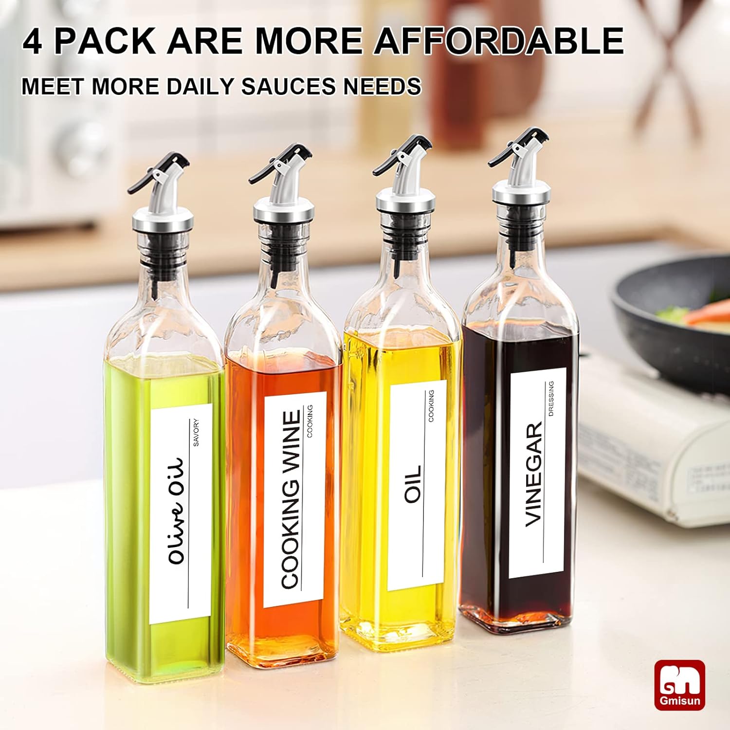 Oil Dispenser for Kitchen, 4Pack Oil Bottles for Kitchen, 17oz Cooking Oil Dispenser Bottle, Glass Oil Container with Plastic Pourer, Oil Cruet with Plastic Funnel and Labels for Vegetable - VINE GLOBAL
