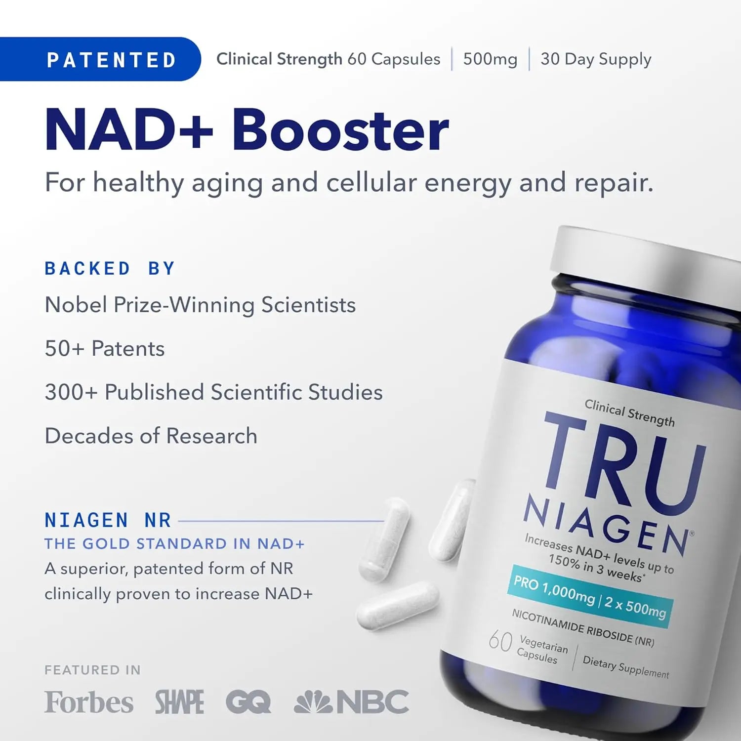 TRU NIAGEN PRO NAD+ Supplement for Anti Aging and Cell Regeneration, 1000 mg Patented Niagen, 30 Servings | Supports Cellular Energy | Nicotinamide Riboside (NR) Daily Supplements for Men and Women VINE GLOBAL