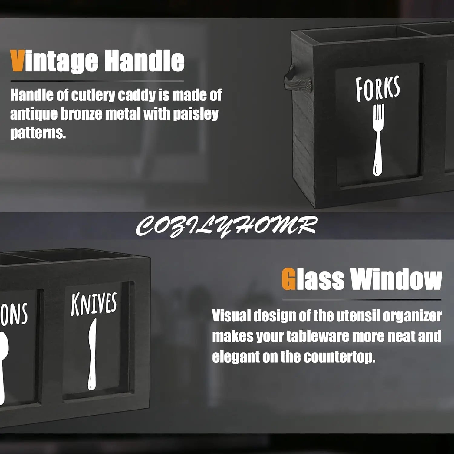 Wooden Cutlery Caddy, Kitchen Countertop Organizer, Spoon And Fork Holder With Handles, Silverware Organizer, Utensil & Flatware Holder For Party (Black) VINE GLOBAL