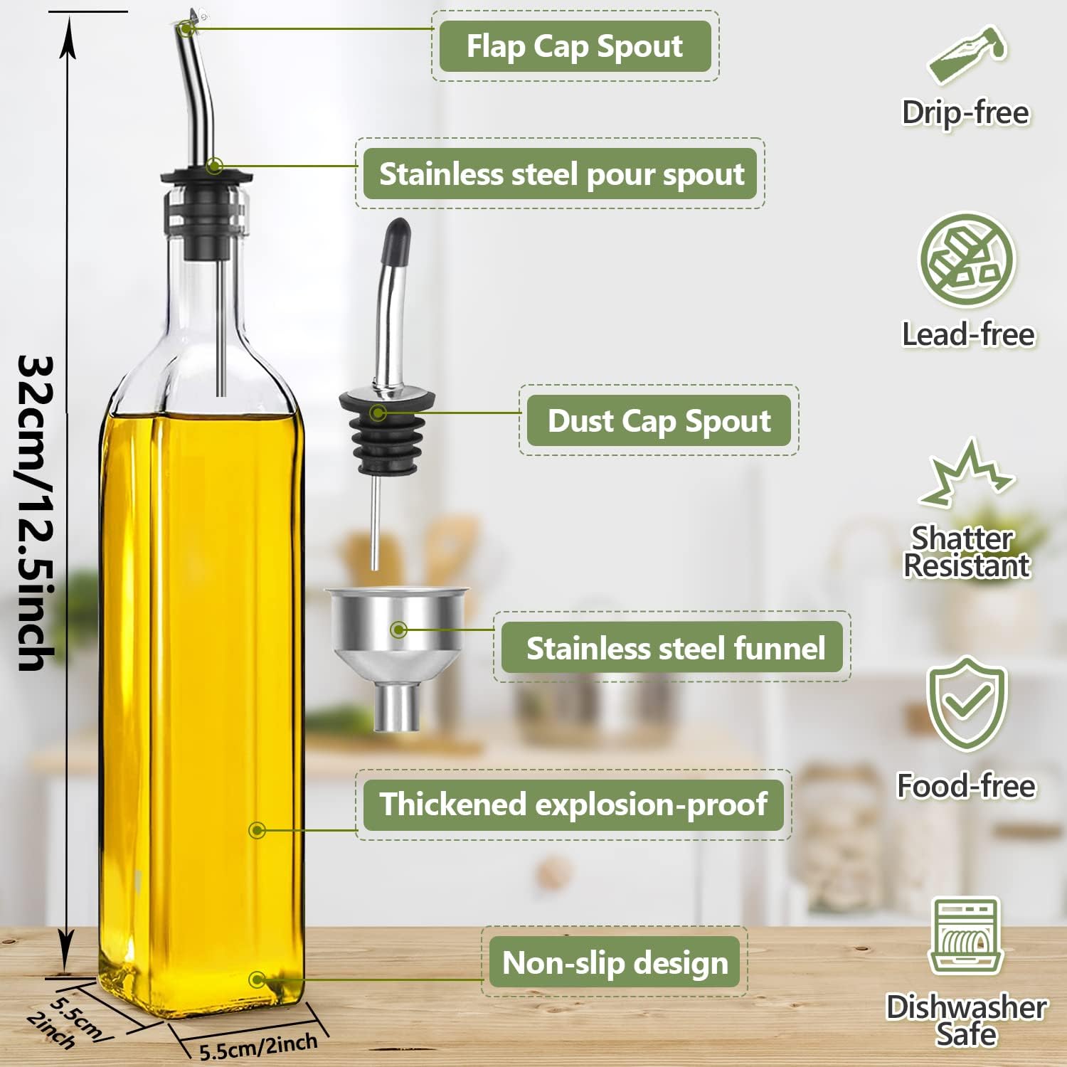 17oz Olive Oil Dispenser Bottle, 500ml Oil & Vinegar Cruet with 2 Stainless Steel Pourers, 2 Labels,1 Brush and 1 Funnel for Kitchen - VINE GLOBAL
