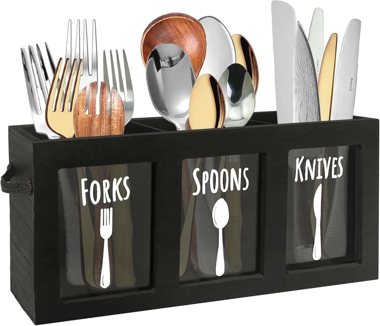 Wooden Cutlery Caddy, Kitchen Countertop Organizer, Spoon And Fork Holder With Handles, Silverware Organizer, Utensil & Flatware Holder For Party (Black) VINE GLOBAL