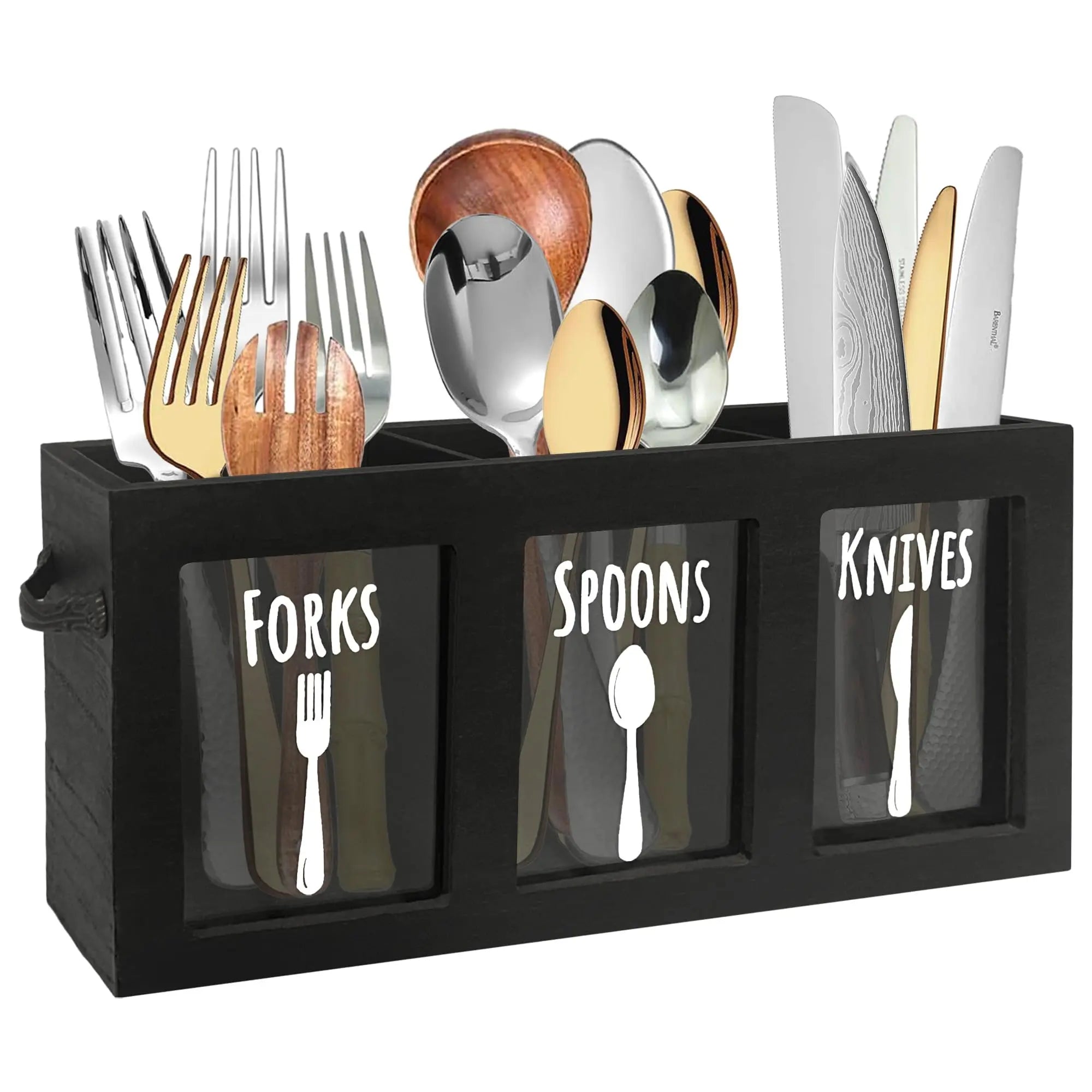 Wooden Cutlery Caddy, Kitchen Countertop Organizer, Spoon And Fork Holder With Handles, Silverware Organizer, Utensil & Flatware Holder For Party (Black) VINE GLOBAL