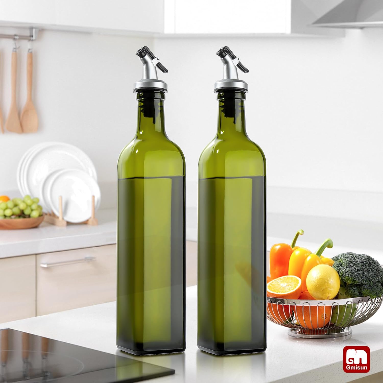 Oil Dispenser for Kitchen, 4Pack Oil Bottles for Kitchen, 17oz Cooking Oil Dispenser Bottle, Glass Oil Container with Plastic Pourer, Oil Cruet with Plastic Funnel and Labels for Vegetable - VINE GLOBAL