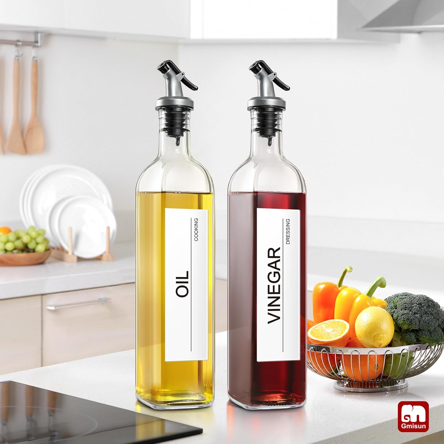 Oil Dispenser for Kitchen, 4Pack Oil Bottles for Kitchen, 17oz Cooking Oil Dispenser Bottle, Glass Oil Container with Plastic Pourer, Oil Cruet with Plastic Funnel and Labels for Vegetable - VINE GLOBAL