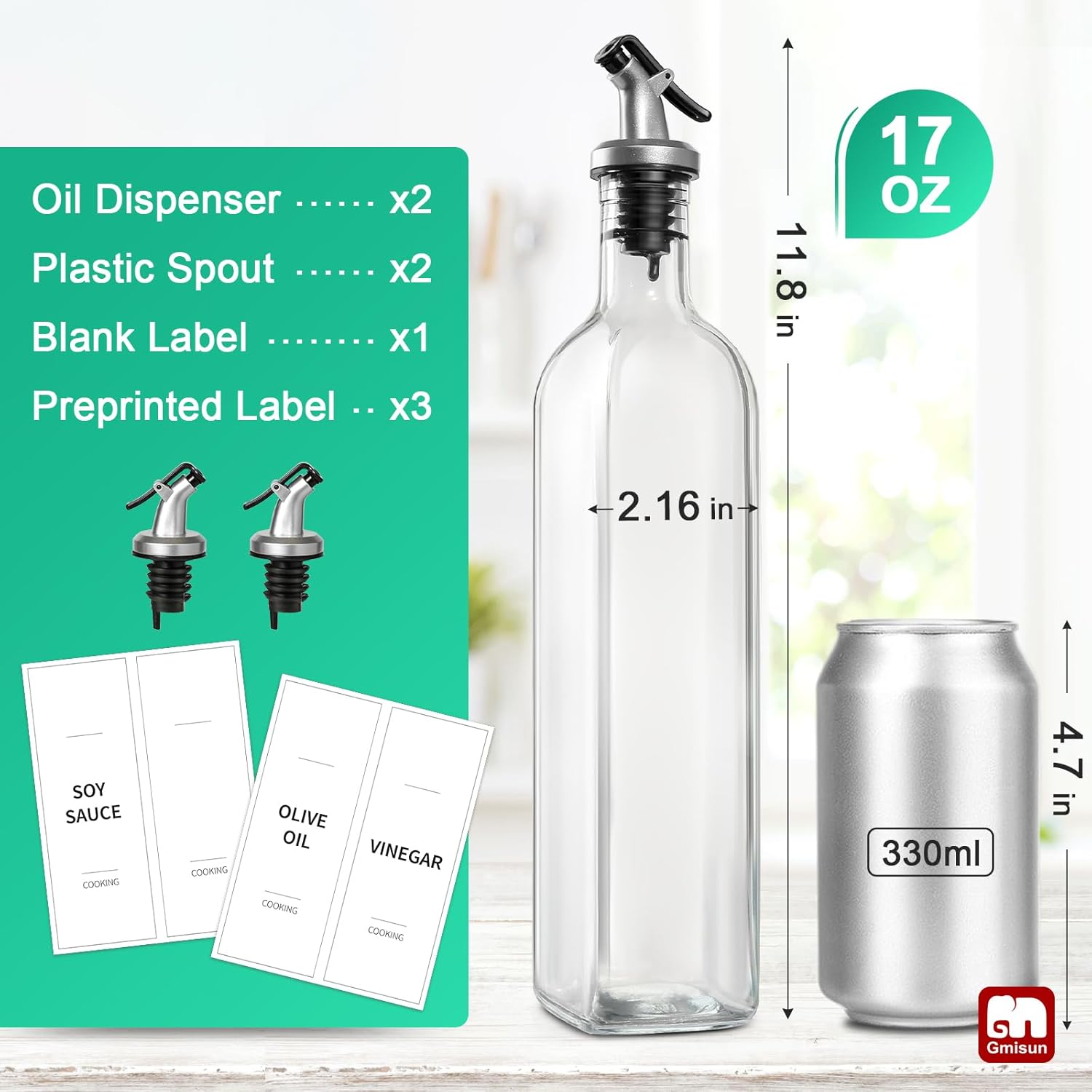 Oil Dispenser for Kitchen, 4Pack Oil Bottles for Kitchen, 17oz Cooking Oil Dispenser Bottle, Glass Oil Container with Plastic Pourer, Oil Cruet with Plastic Funnel and Labels for Vegetable - VINE GLOBAL