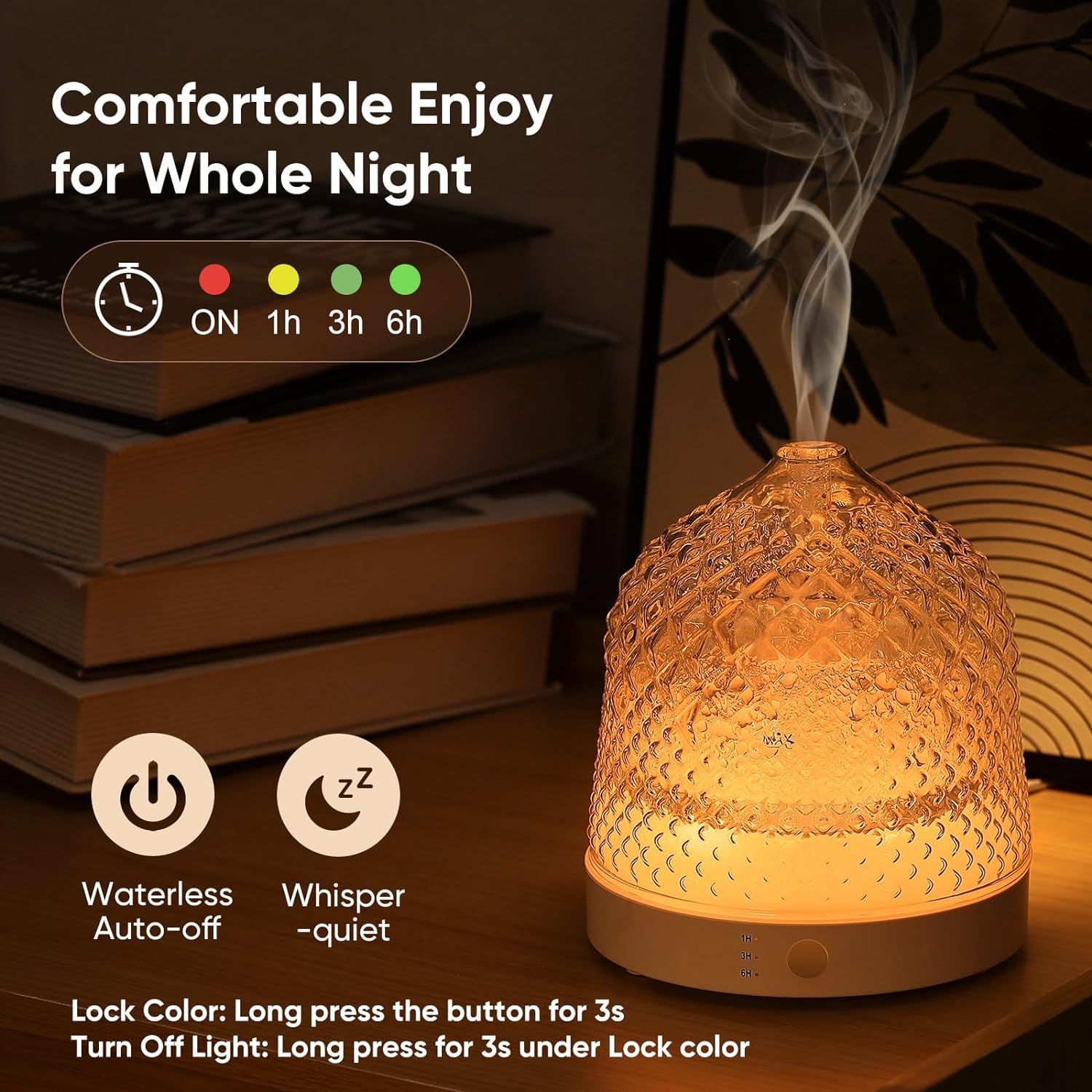 Glass Essential Oil Diffuser, 200ml Ultrasonic Aroma Diffusers with Glass Reservoir Dome & White Plastic Base Lock Color Auto-Off Timer 7 Color Light for Home Office Bedroom Yoga - VINE GLOBAL