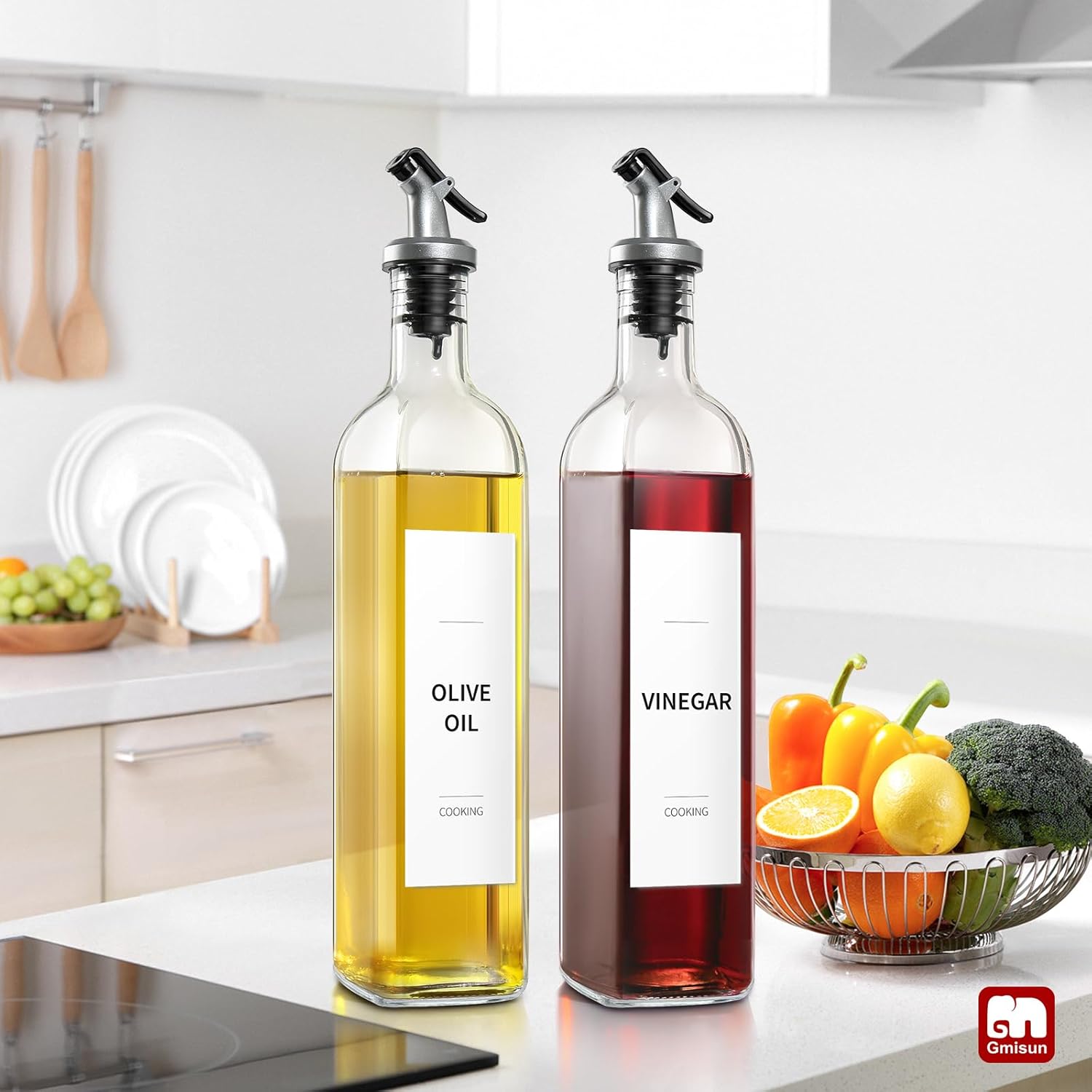 Oil Dispenser for Kitchen, 4Pack Oil Bottles for Kitchen, 17oz Cooking Oil Dispenser Bottle, Glass Oil Container with Plastic Pourer, Oil Cruet with Plastic Funnel and Labels for Vegetable - VINE GLOBAL