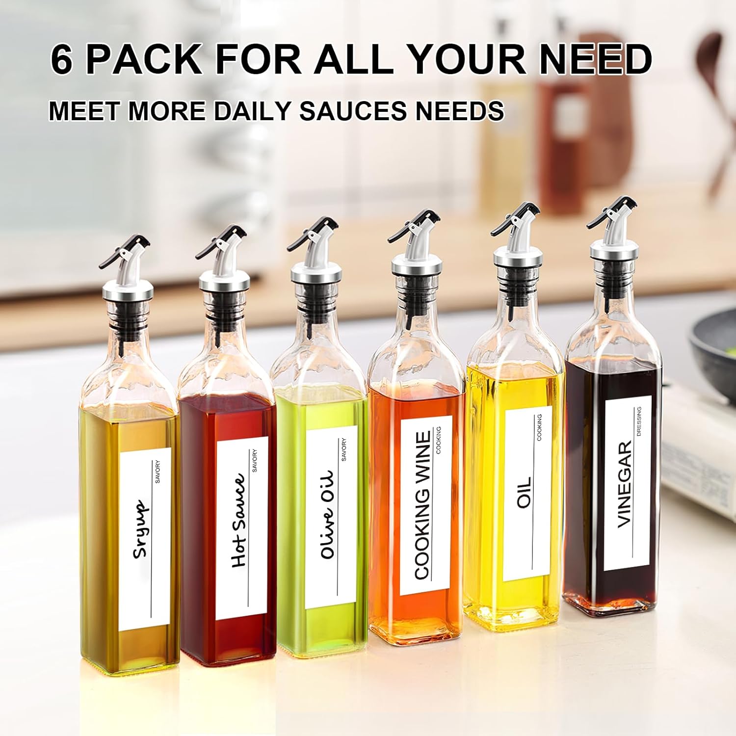 Oil Dispenser for Kitchen, 4Pack Oil Bottles for Kitchen, 17oz Cooking Oil Dispenser Bottle, Glass Oil Container with Plastic Pourer, Oil Cruet with Plastic Funnel and Labels for Vegetable - VINE GLOBAL