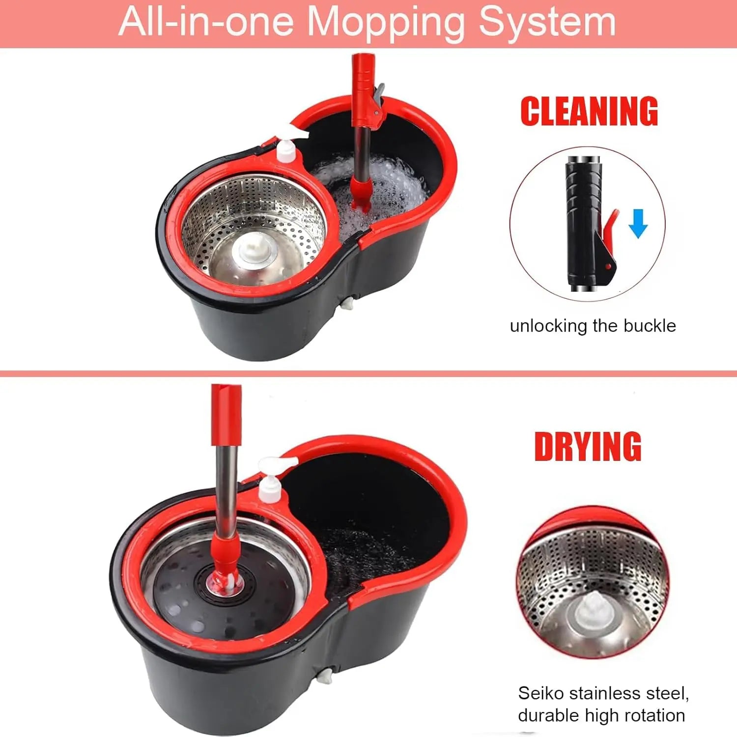 Spin Mop and Bucket with Wringer Set, 360° Spinning Mop Bucket System with 3 Microfiber Mop Replacement Heads, 61" Stainless Steel Extended Handle for Floor Cleaning Home Office VINE GLOBAL