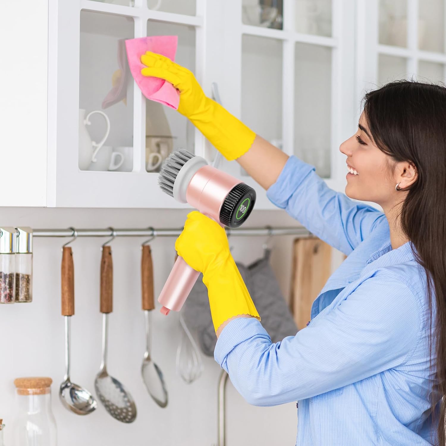 Pink Electric Spin Scrubber, Cordless Handheld Spin Kitchen Scrubber with Replaceable Cleaning Brush Heads, 15 Piece Electric Scrubber for Cleaning with LED Display - VINE GLOBAL