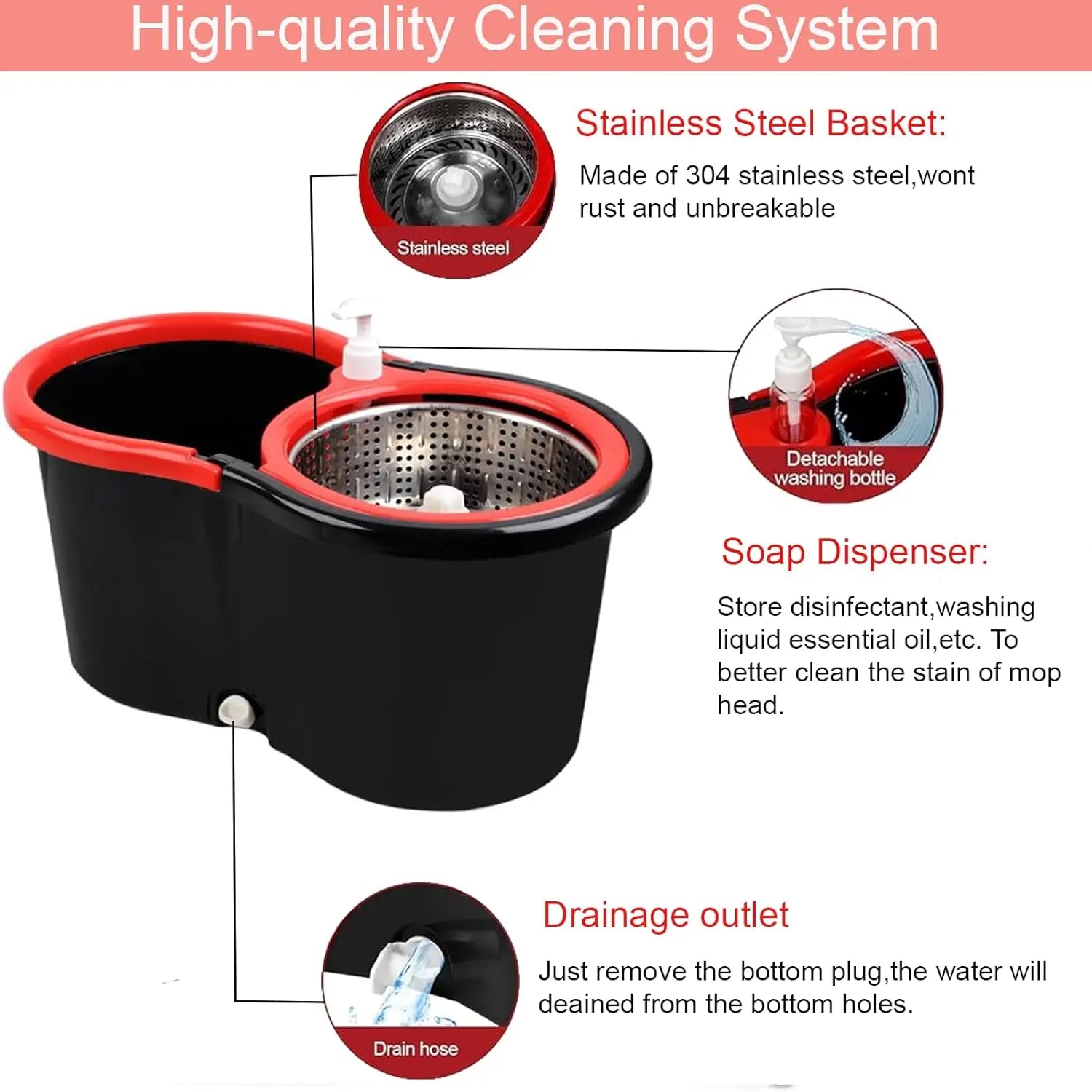 Spin Mop and Bucket with Wringer Set, 360° Spinning Mop Bucket System with 3 Microfiber Mop Replacement Heads, 61" Stainless Steel Extended Handle for Floor Cleaning Home Office VINE GLOBAL