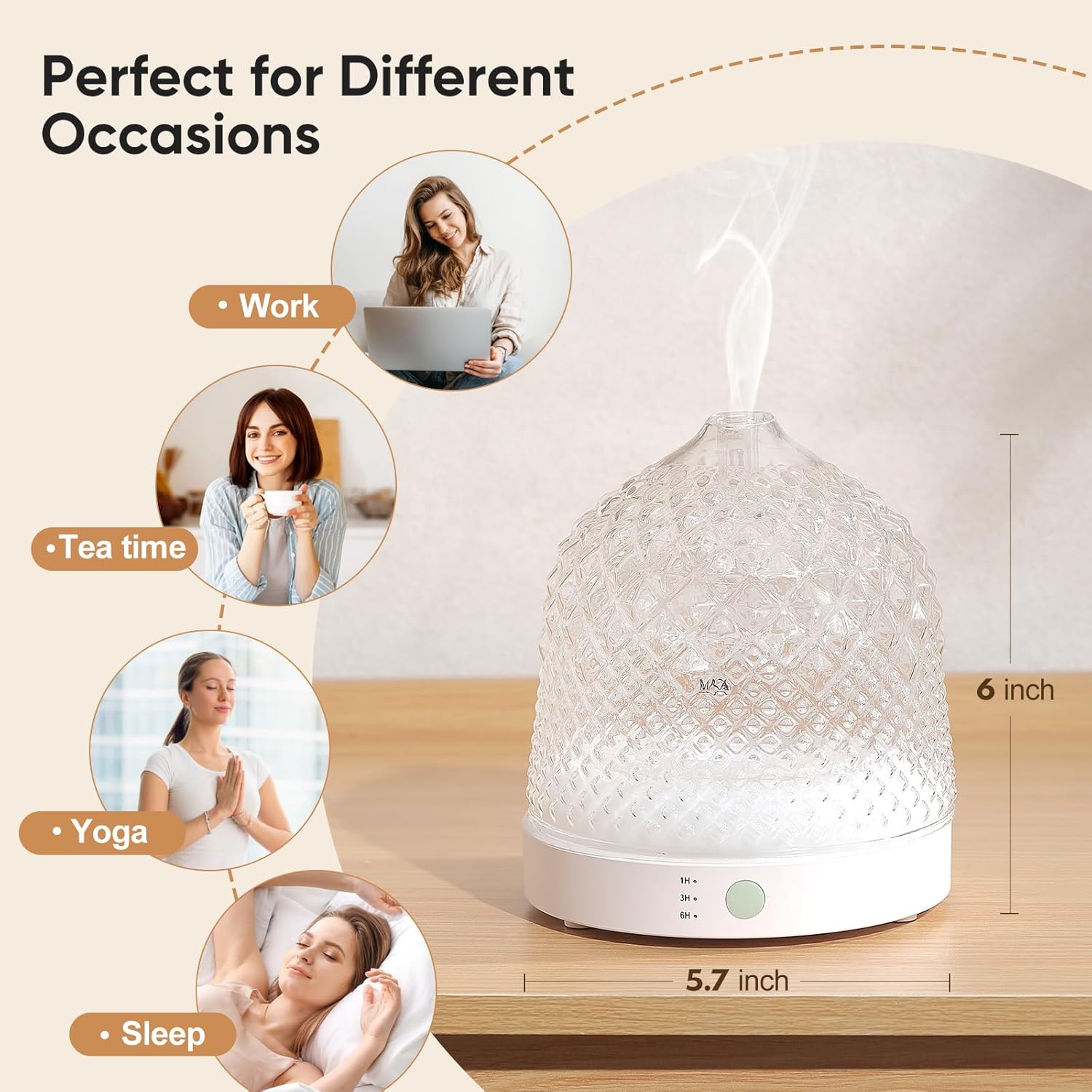 Glass Essential Oil Diffuser, 200ml Ultrasonic Aroma Diffusers with Glass Reservoir Dome & White Plastic Base Lock Color Auto-Off Timer 7 Color Light for Home Office Bedroom Yoga - VINE GLOBAL