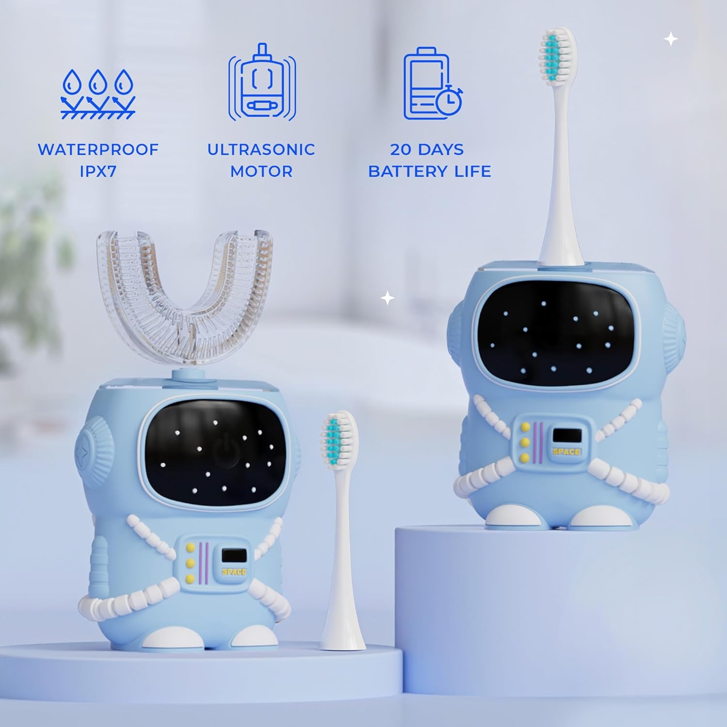 360 Round U-Shaped Astronaut Design Mouthguard Electric Toothbrush for Kids Ages 2-7 - Automatic Memory Function - 5 Modes Toothbrush with Multiple Heads – Kids Travel Essentials (Blue) - VINE GLOBAL