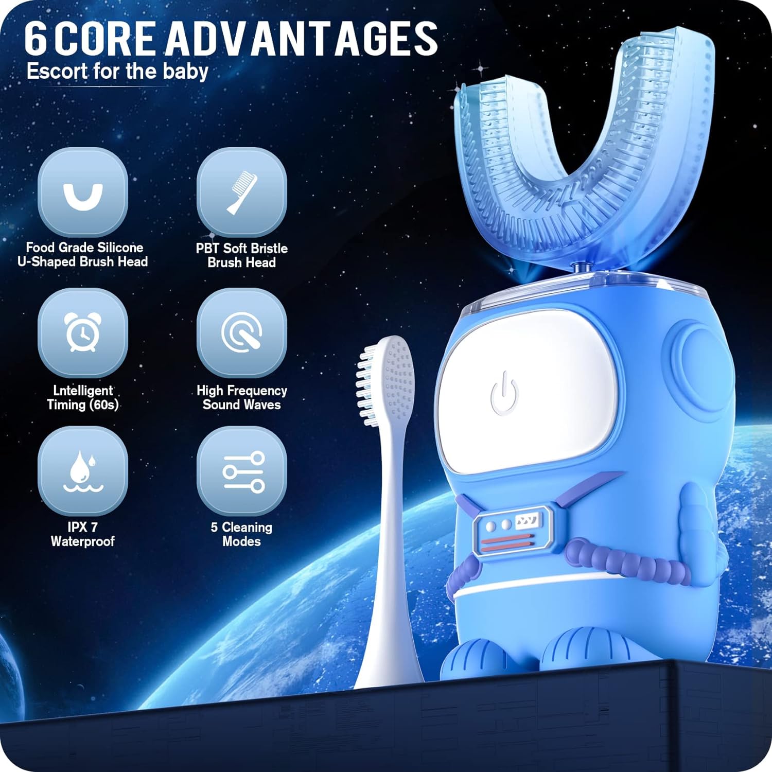 Ultrasonic Kid's U-Shaped Electric Toothbrush, IPX7 Waterproof, Five Cleaning Modes, 60S Smart Reminder (Blue Ages 6-12) - VINE GLOBAL