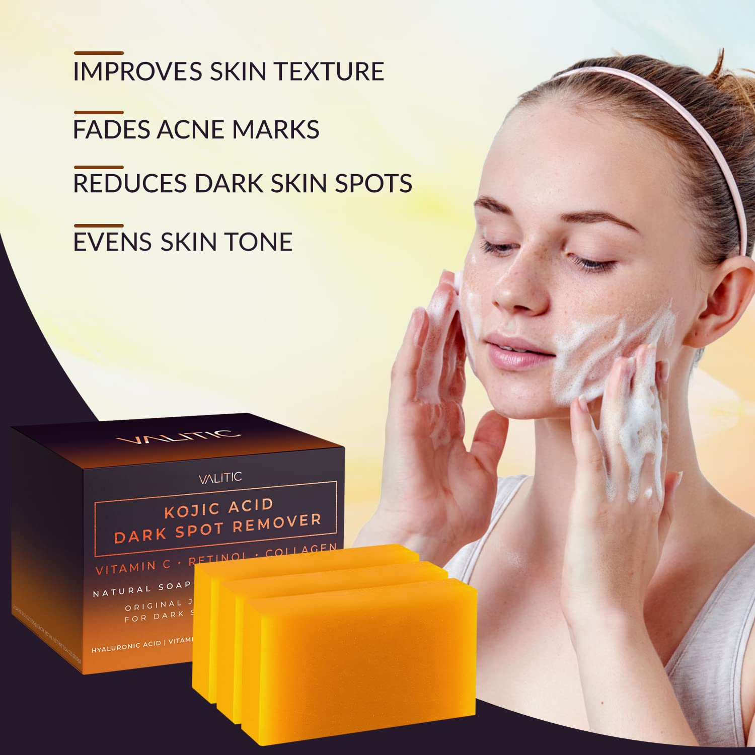 VALITIC Kojic Acid Dark Spot Remover Soap Bars with Vitamin C, Retinol, Collagen, Turmeric - Original Japanese Complex Infused with Hyaluronic Acid, Vitamin E, Shea Butter, Castile Olive Oil (2 Pack) - VINE GLOBAL