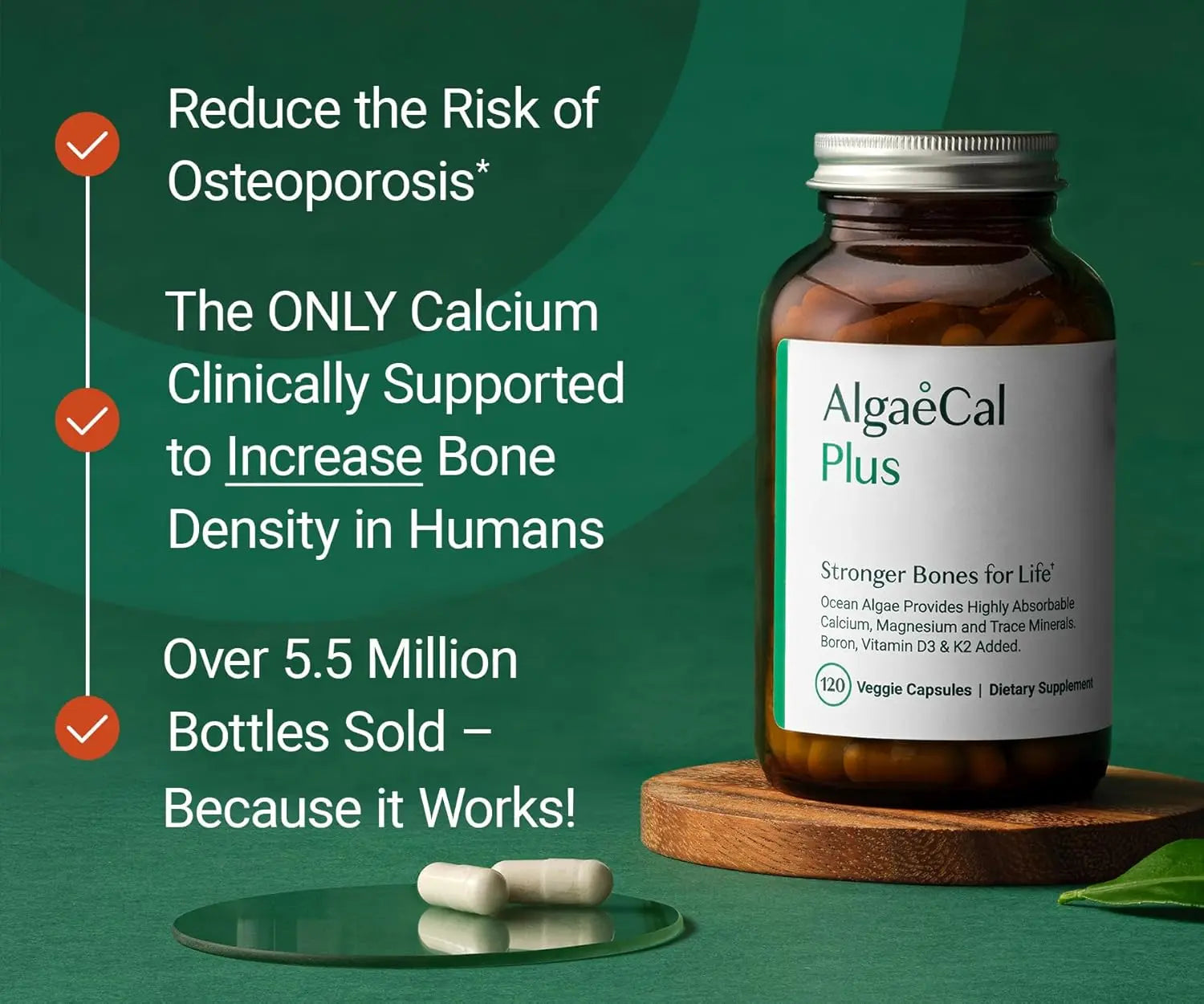 ALGAECAL Plus - Organic Red Algae Calcium Supplement for Women, Vitamin K2 (100mg), Vitamin D3 (1600 IU), Magnesium (350mg) & Trace Minerals, for Improved Bone Strength, Easy to Swallow, 120 Veg Caps VINE GLOBAL