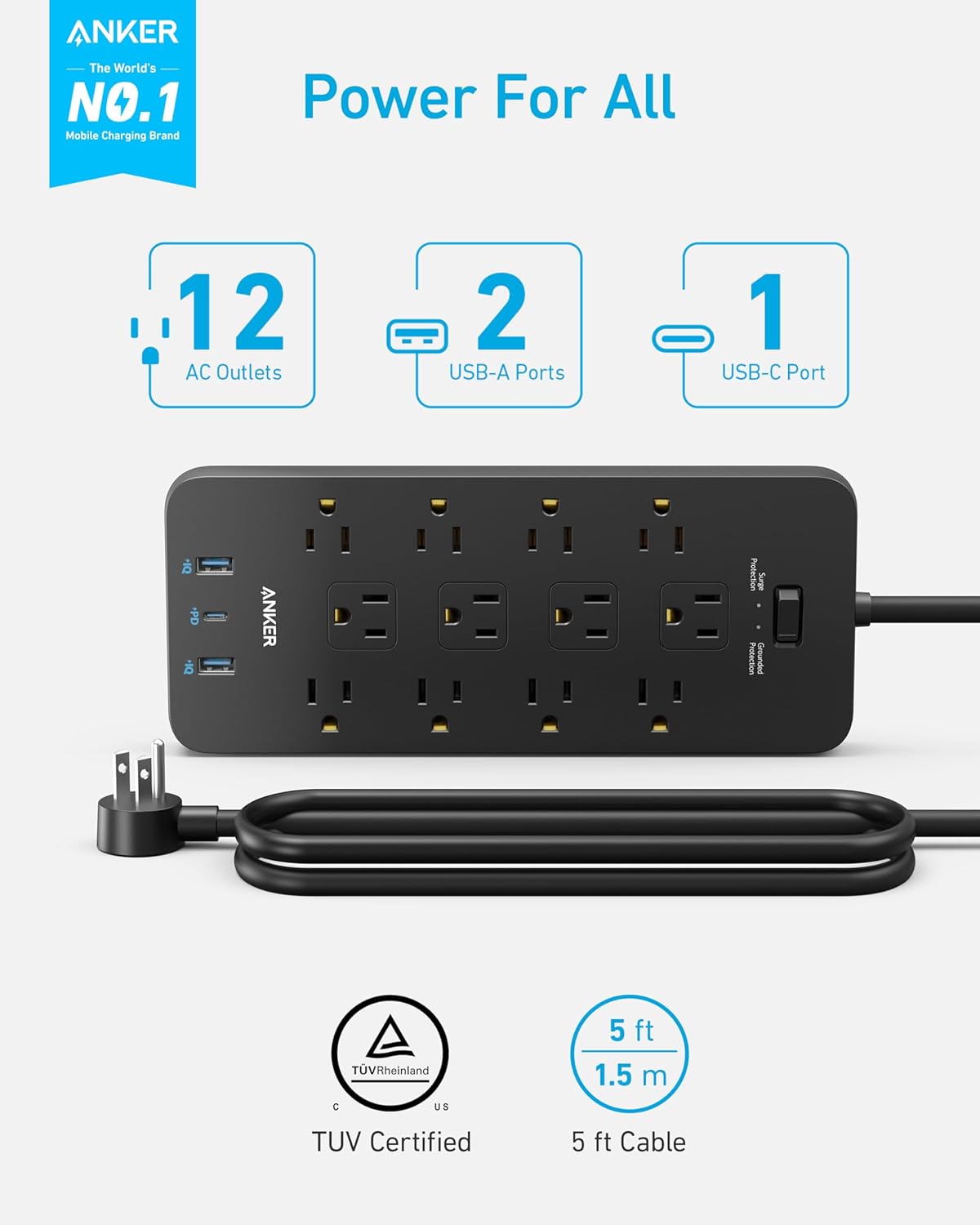 Surge Protector Power Strip (2100J), Anker 12 Outlets with 1 USB C and 2 USB Ports for iPhone - VINE GLOBAL