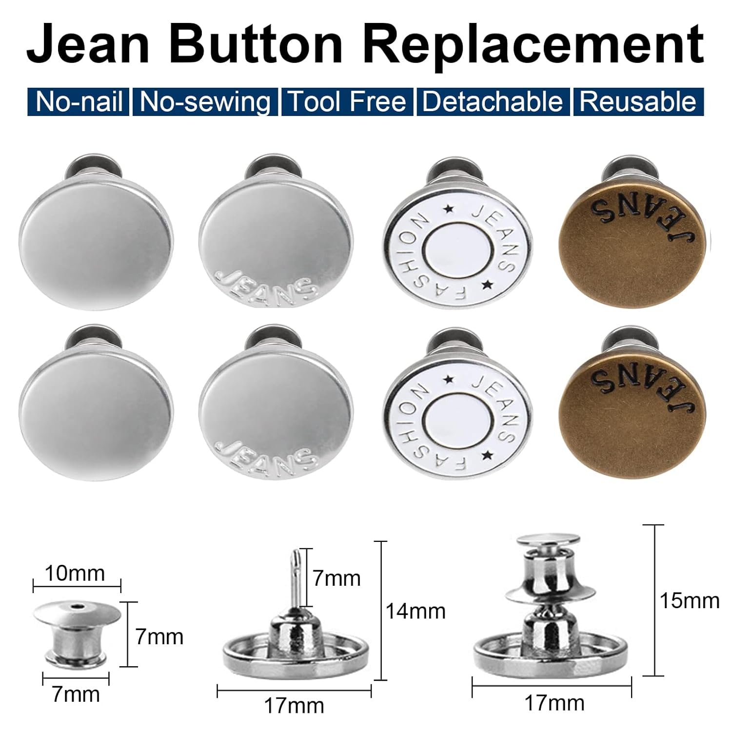 Pant Waist Tightener, Detachable Jean Buttons for Loose Jeans, Adjustable Jean Buttons Pins, 4 Sets - VINE GLOBAL
