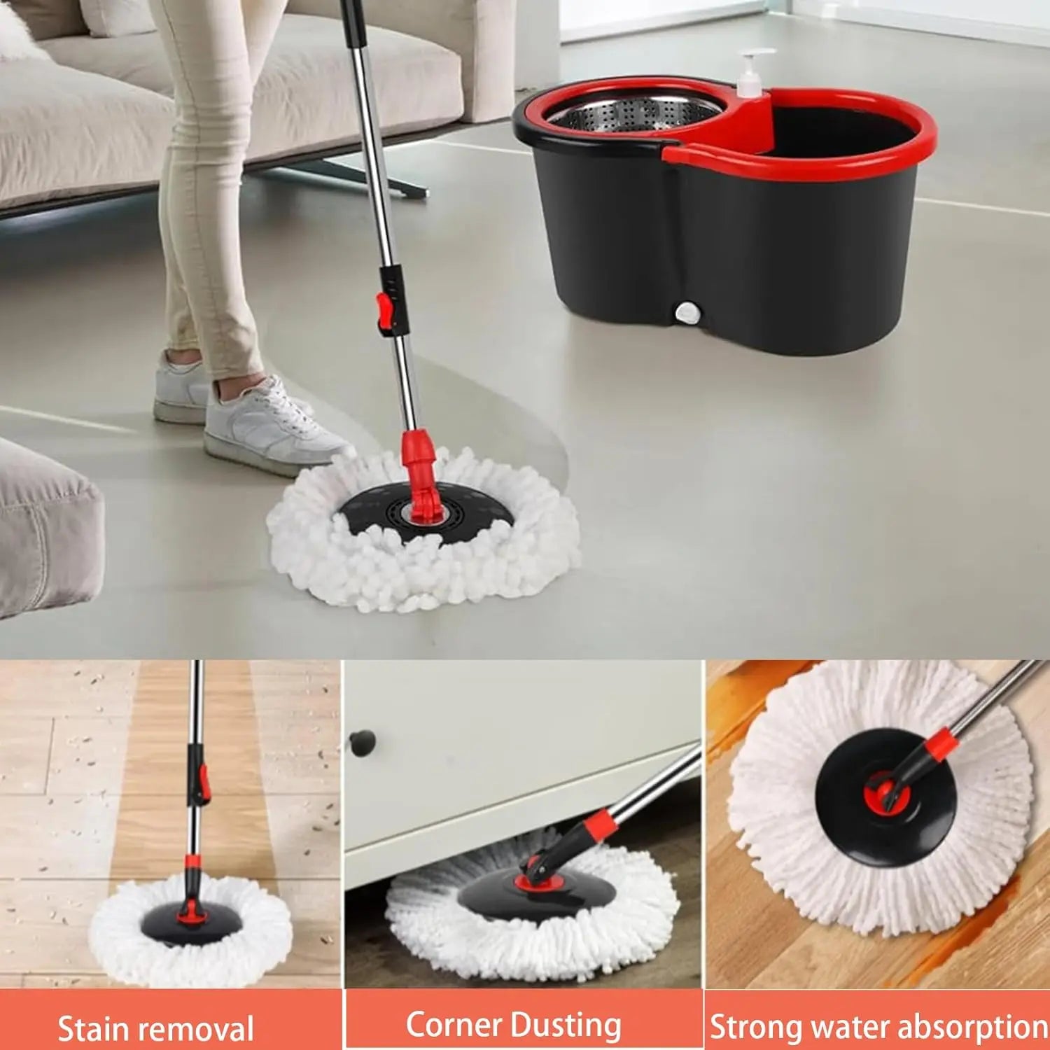 Spin Mop and Bucket with Wringer Set, 360° Spinning Mop Bucket System with 3 Microfiber Mop Replacement Heads, 61" Stainless Steel Extended Handle for Floor Cleaning Home Office VINE GLOBAL