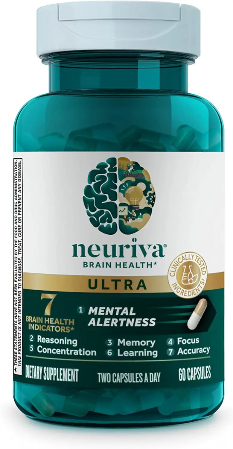 NEURIVA Ultra Decaffeinated Clinically Tested Nootropic Brain Supplement for Mental Alertness, Memory, Focus & Concentration, Cognivive, Neurofactor, Phosphatidylserine, Vitamins B6 B12, 60 Capsules VINE GLOBAL