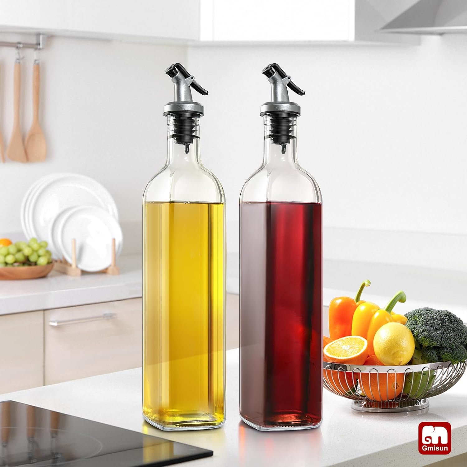 Oil Dispenser for Kitchen, 4Pack Oil Bottles for Kitchen, 17oz Cooking Oil Dispenser Bottle, Glass Oil Container with Plastic Pourer, Oil Cruet with Plastic Funnel and Labels for Vegetable - VINE GLOBAL