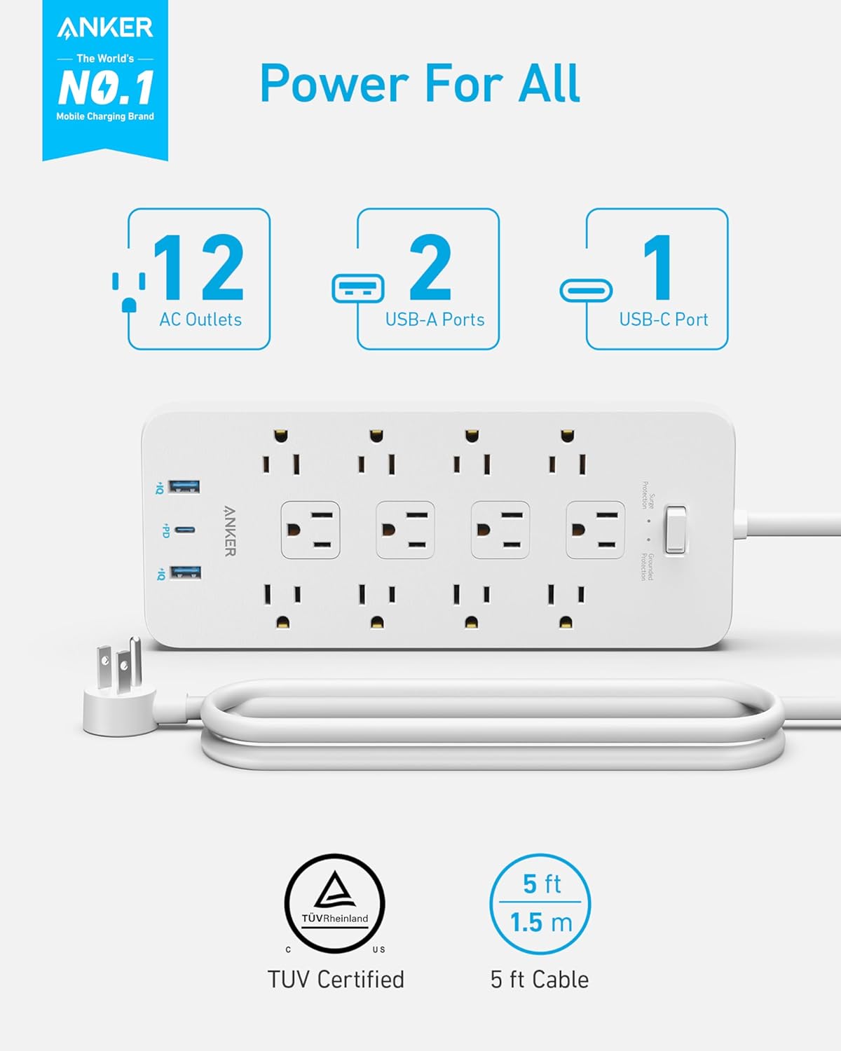 Surge Protector Power Strip (2100J), Anker 12 Outlets with 1 USB C and 2 USB Ports for iPhone - VINE GLOBAL