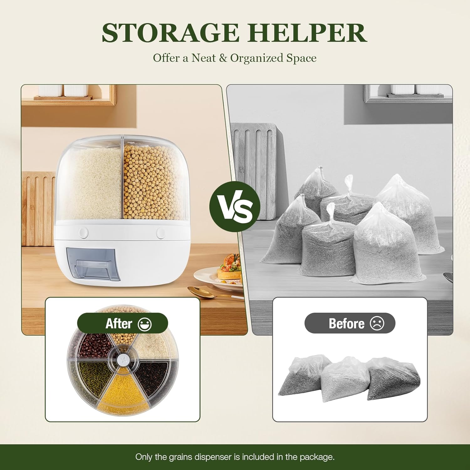 360° Rotating Grains Dispenser with Moisture Sealed Lid,6 Grids Food Dispenser - VINE GLOBAL