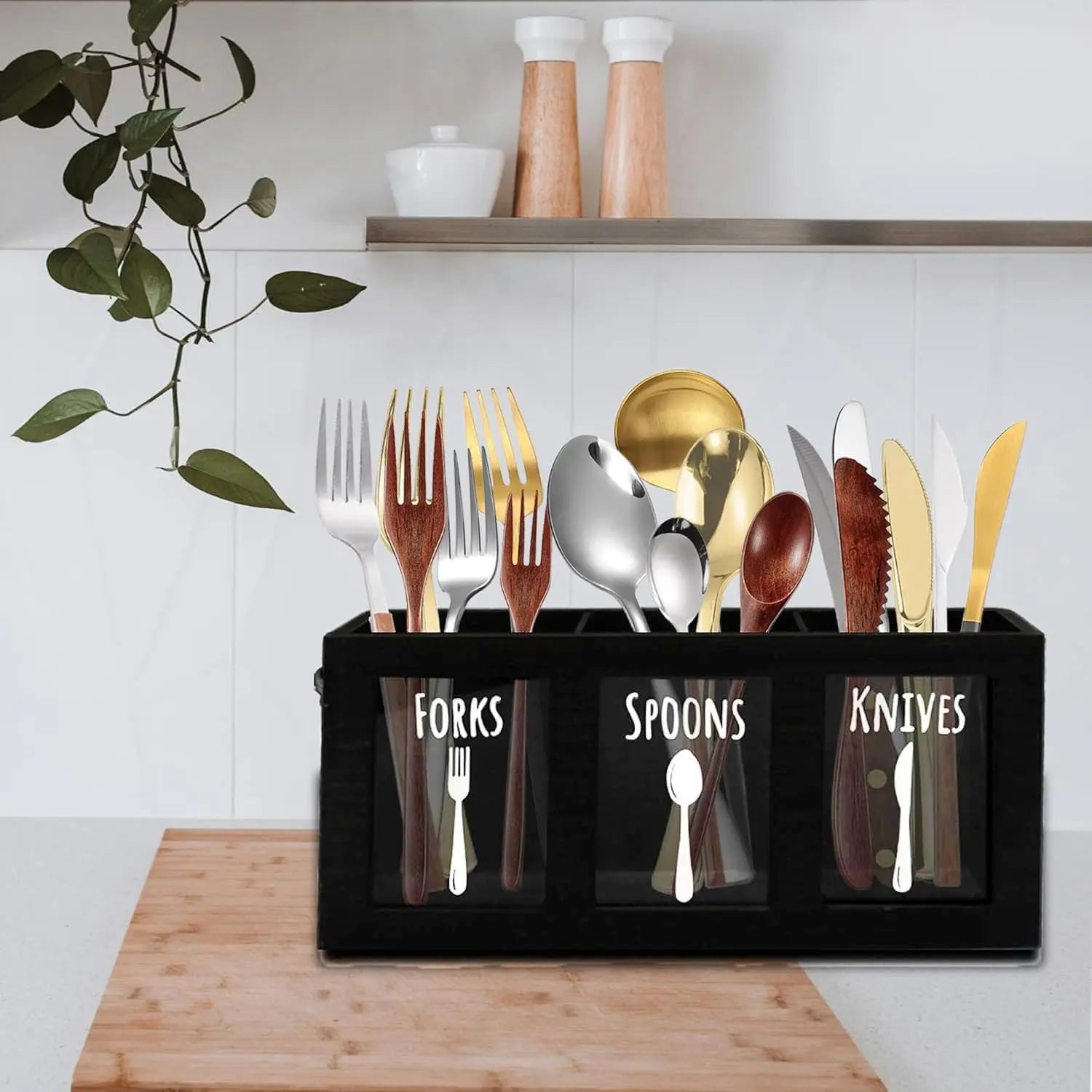 Wooden Cutlery Caddy, Kitchen Countertop Organizer, Spoon And Fork Holder With Handles, Silverware Organizer, Utensil & Flatware Holder For Party (Black) VINE GLOBAL