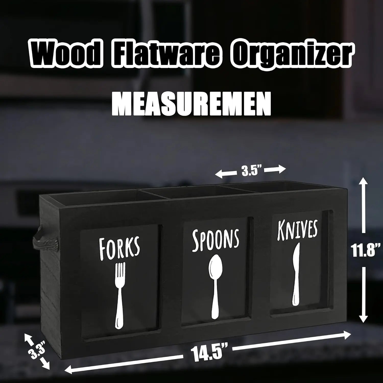 Wooden Cutlery Caddy, Kitchen Countertop Organizer, Spoon And Fork Holder With Handles, Silverware Organizer, Utensil & Flatware Holder For Party (Black) VINE GLOBAL