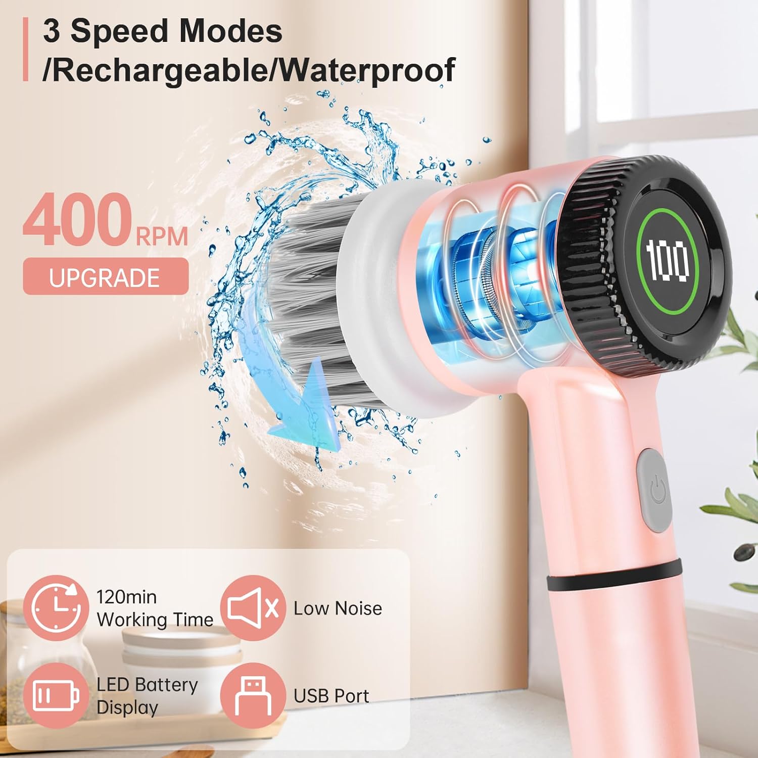 Pink Electric Spin Scrubber, Cordless Handheld Spin Kitchen Scrubber with Replaceable Cleaning Brush Heads, 15 Piece Electric Scrubber for Cleaning with LED Display - VINE GLOBAL