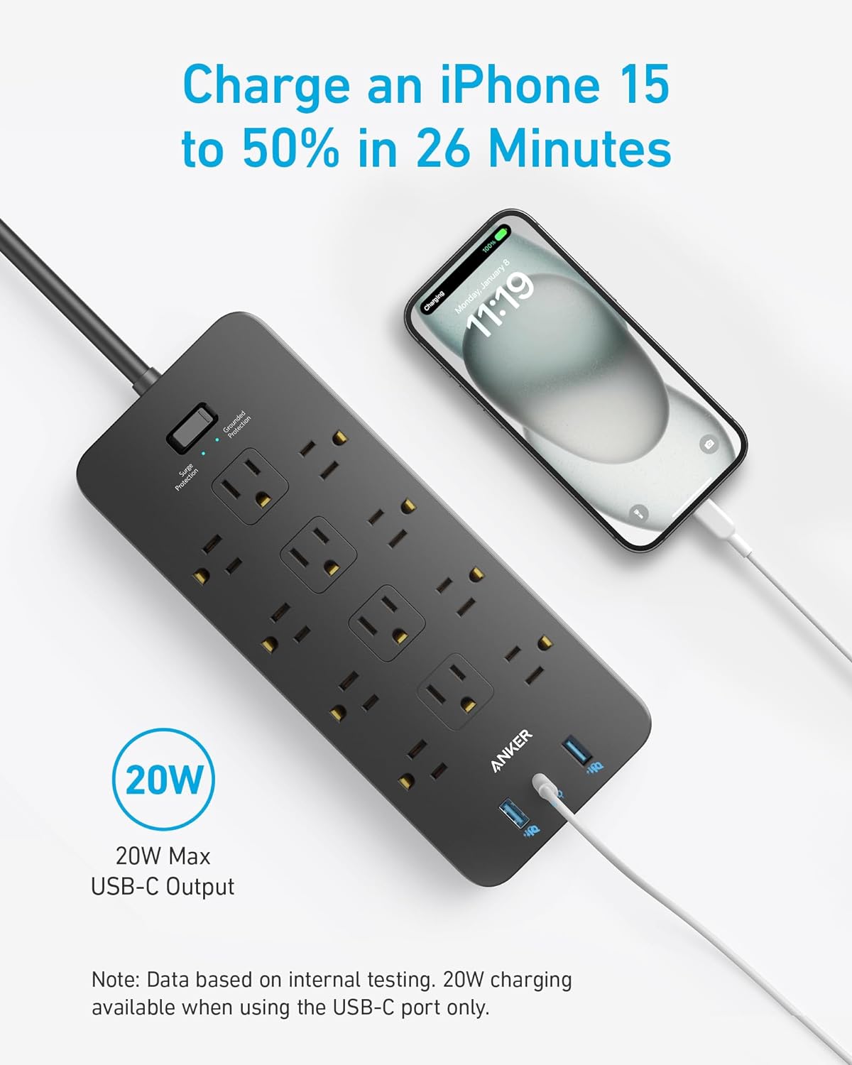 Surge Protector Power Strip (2100J), Anker 12 Outlets with 1 USB C and 2 USB Ports for iPhone - VINE GLOBAL