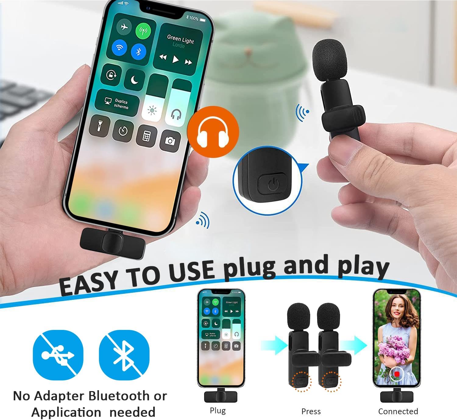 Professional Wireless Lavalier Lapel Microphone for iPhone, iPad - Cordless Omnidirectional Condenser Recording Mic for Interview Video Podcast Vlog YouTube - VINE GLOBAL