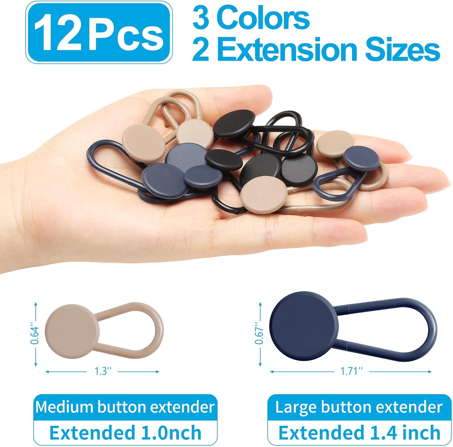 Ceryvop 12PCS Button Extenders for Jeans, Pants Waist Button Extender for Women Men, 3 Colors Pant Waistband Expander, Pants Waist Extension 1-1.4 Inches - VINE GLOBAL