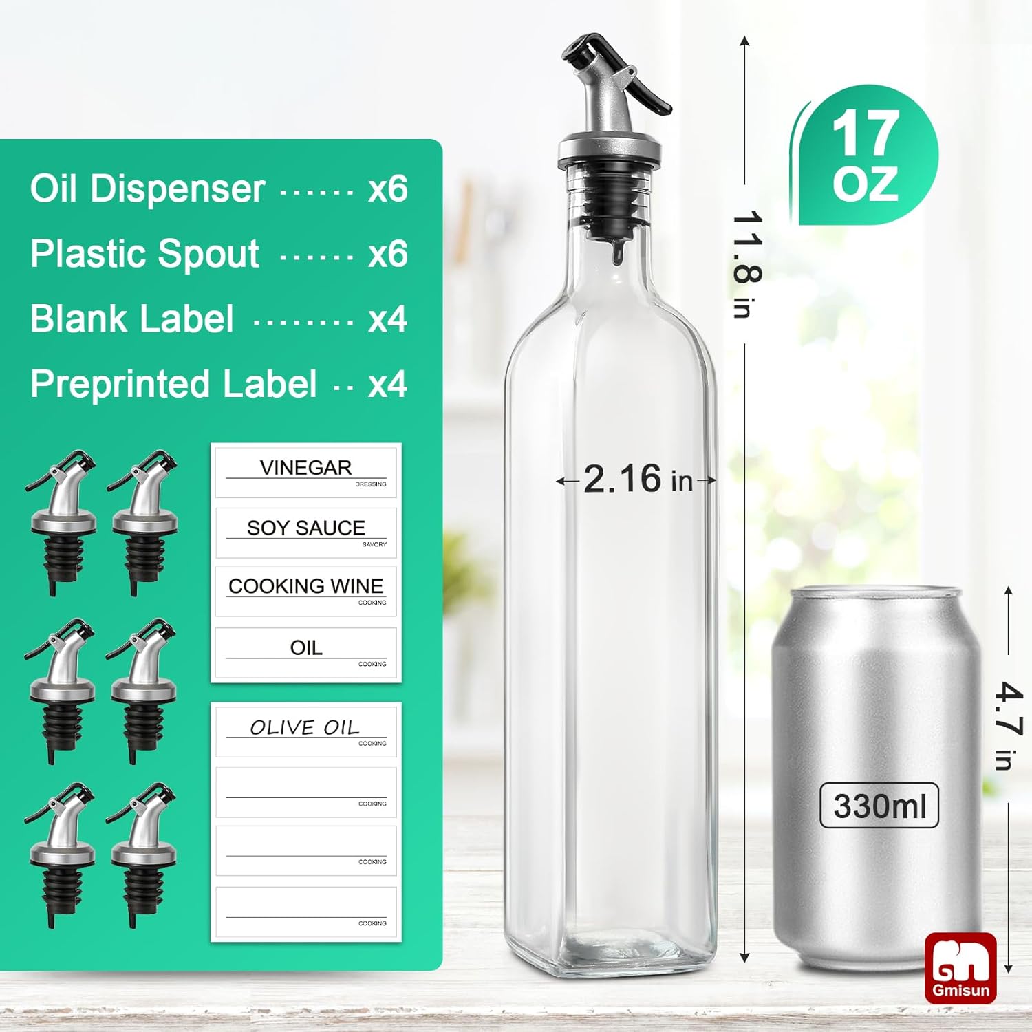 Oil Dispenser for Kitchen, 4Pack Oil Bottles for Kitchen, 17oz Cooking Oil Dispenser Bottle, Glass Oil Container with Plastic Pourer, Oil Cruet with Plastic Funnel and Labels for Vegetable - VINE GLOBAL