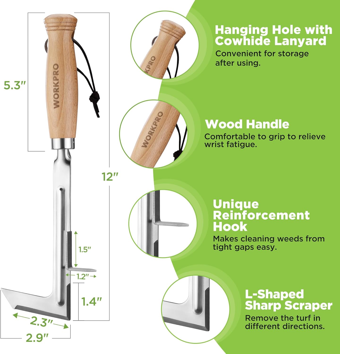 Crack Weeder, 12" Stainless Steel Crevice Weeding Tool with Beech Wood Handle, L-Shaped Side-Walk Weed Puller Spatula, for Garden Lawn Yard Patio Terrace Paving Moss, Small Gardening Tool - VINE GLOBAL