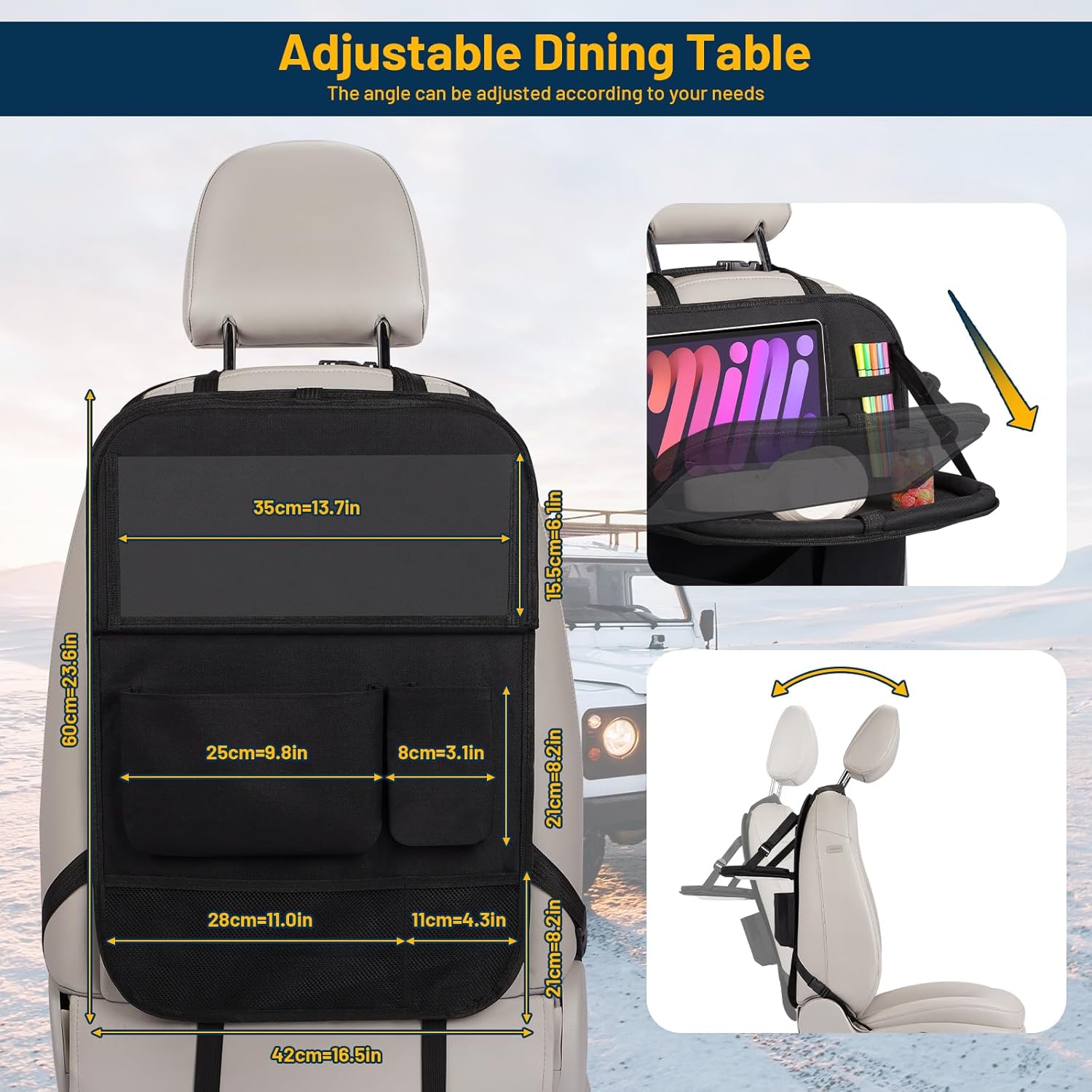 Car Back Seat Organizer with Foldable Table Tray,Backseat Organizers and Storage for kids,Car Seat Back Protectors Kick Mats Travel Accessories,1 Pack VINE GLOBAL