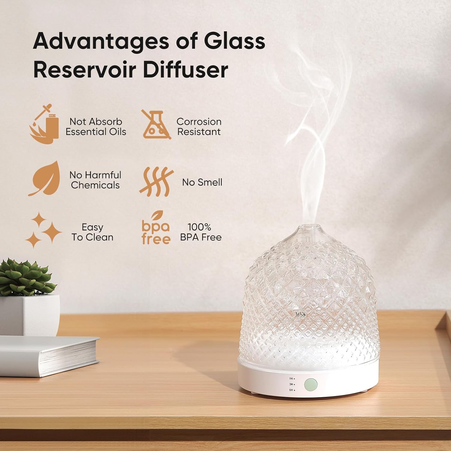 Glass Essential Oil Diffuser, 200ml Ultrasonic Aroma Diffusers with Glass Reservoir Dome & White Plastic Base Lock Color Auto-Off Timer 7 Color Light for Home Office Bedroom Yoga - VINE GLOBAL