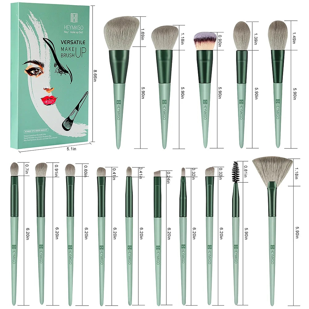 Makeup Brushes 15Pcs Makeup Brush Set Premium Synthetic Bristles Green Color Conical Handle Kabuki Foundation Brush Face Lip Eye Makeup Sets Professional with Portable Drawstring Flannel Bag